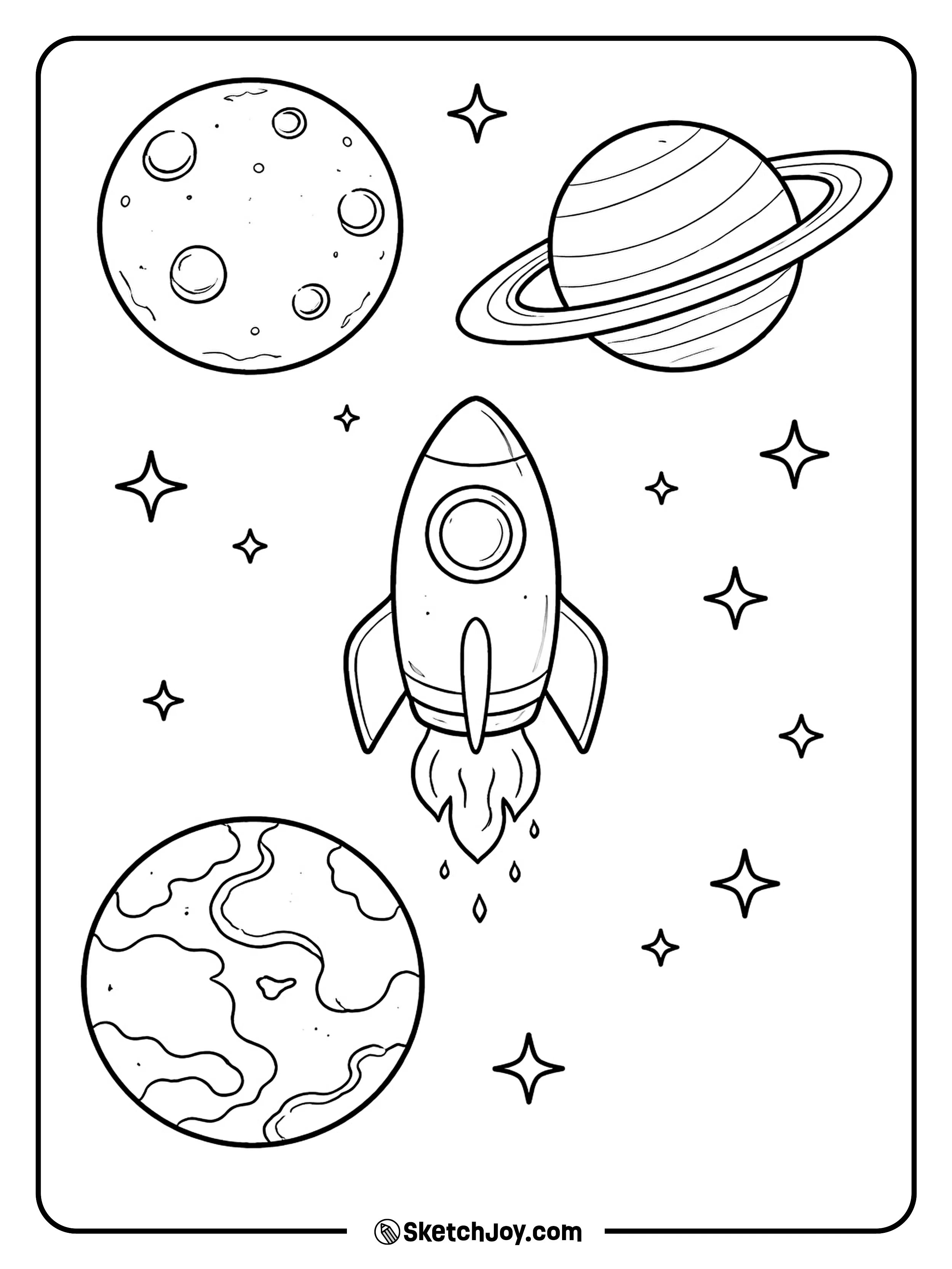 A space ship glides between simple planets in space.