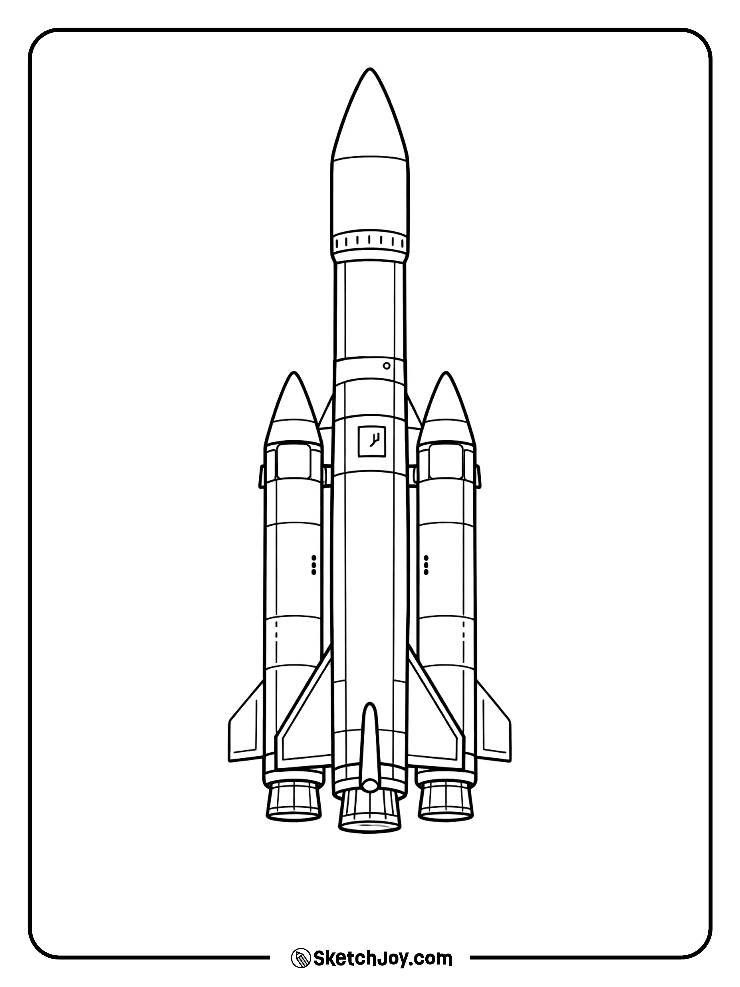 A slim space craft has a sharp tip and two side boosters.
