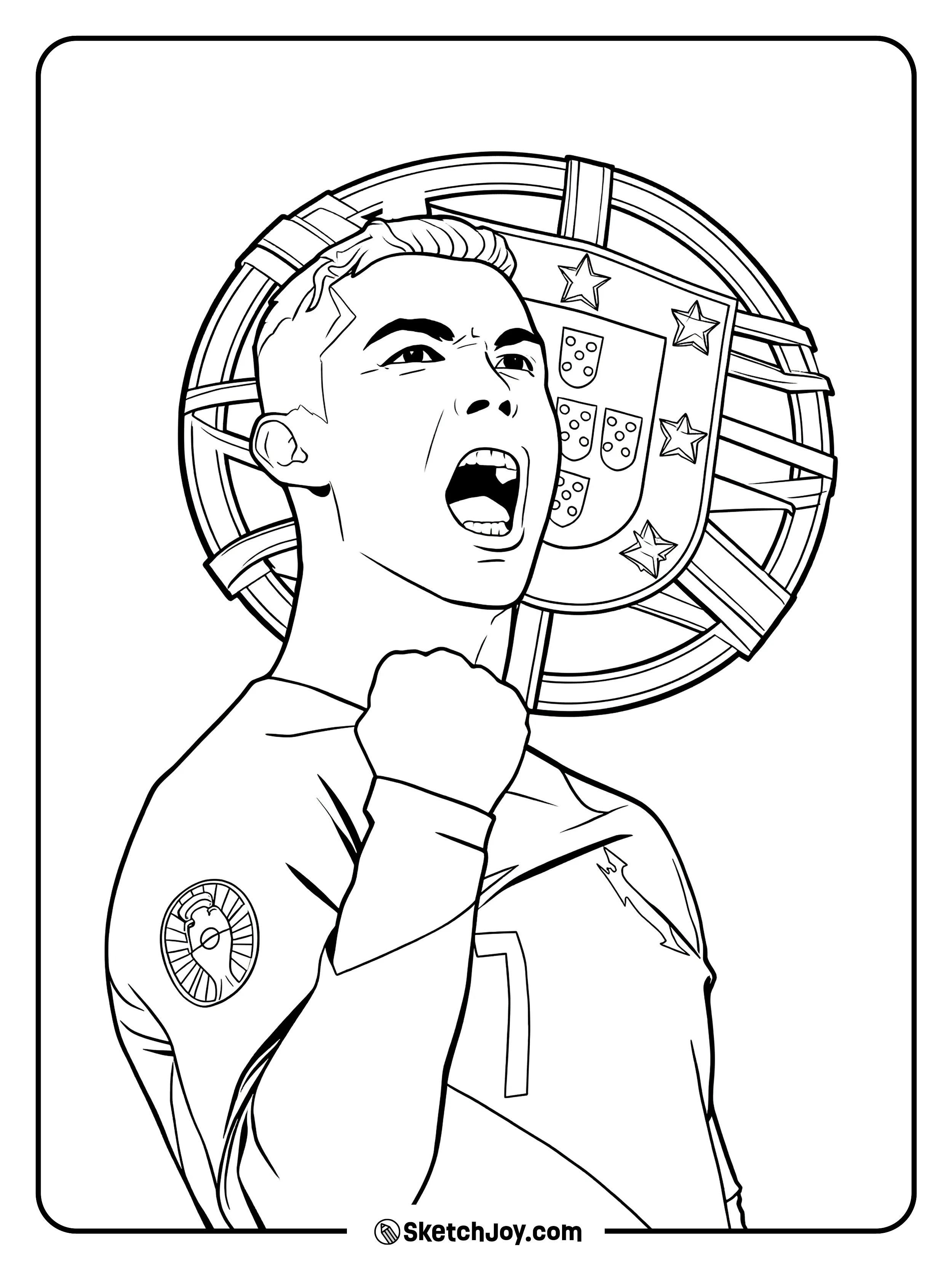 Cristiano shouts with a big Portugal crest behind his head.