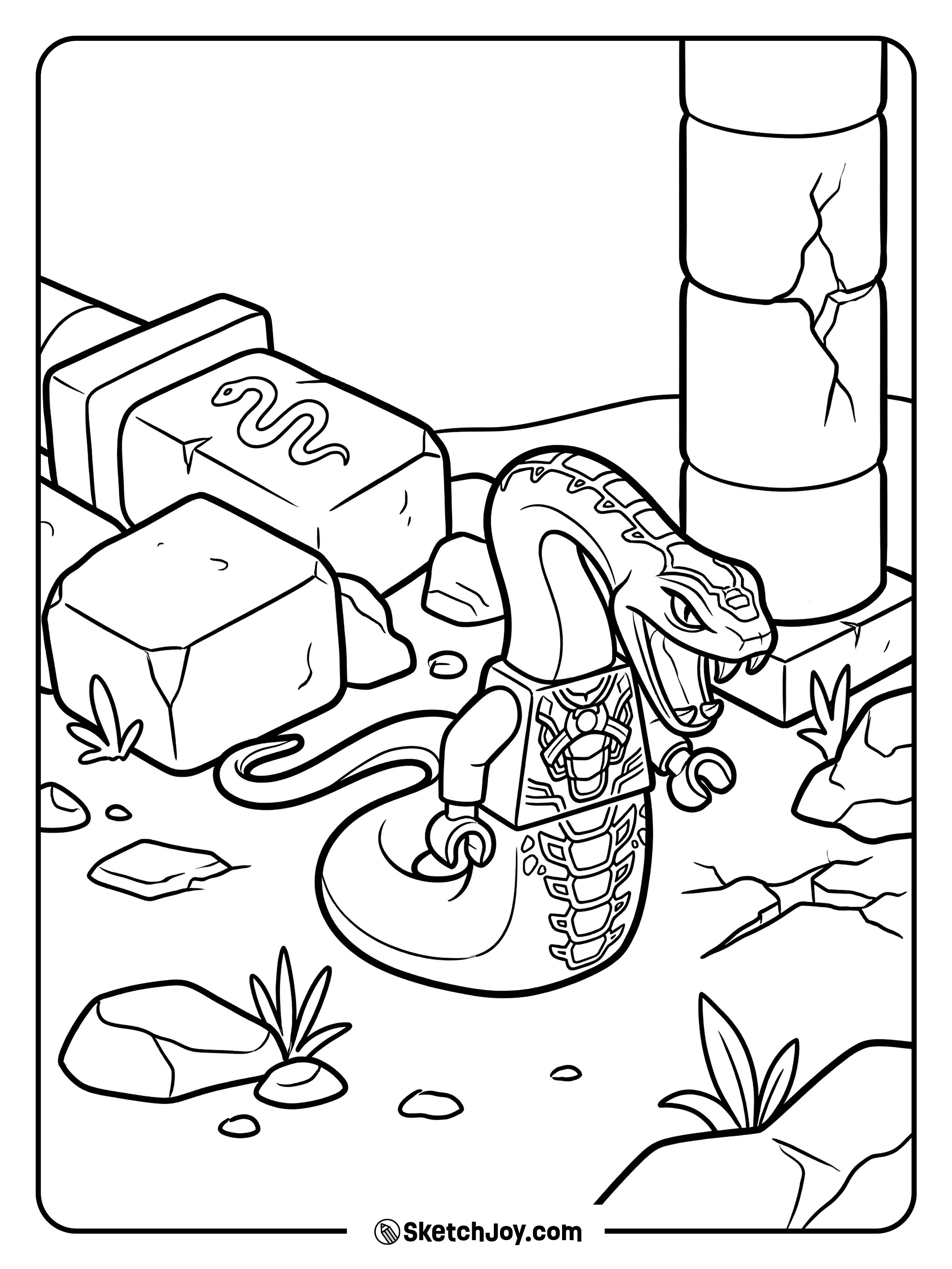 Pythor moves through broken stone ruins with a sneaky grin.