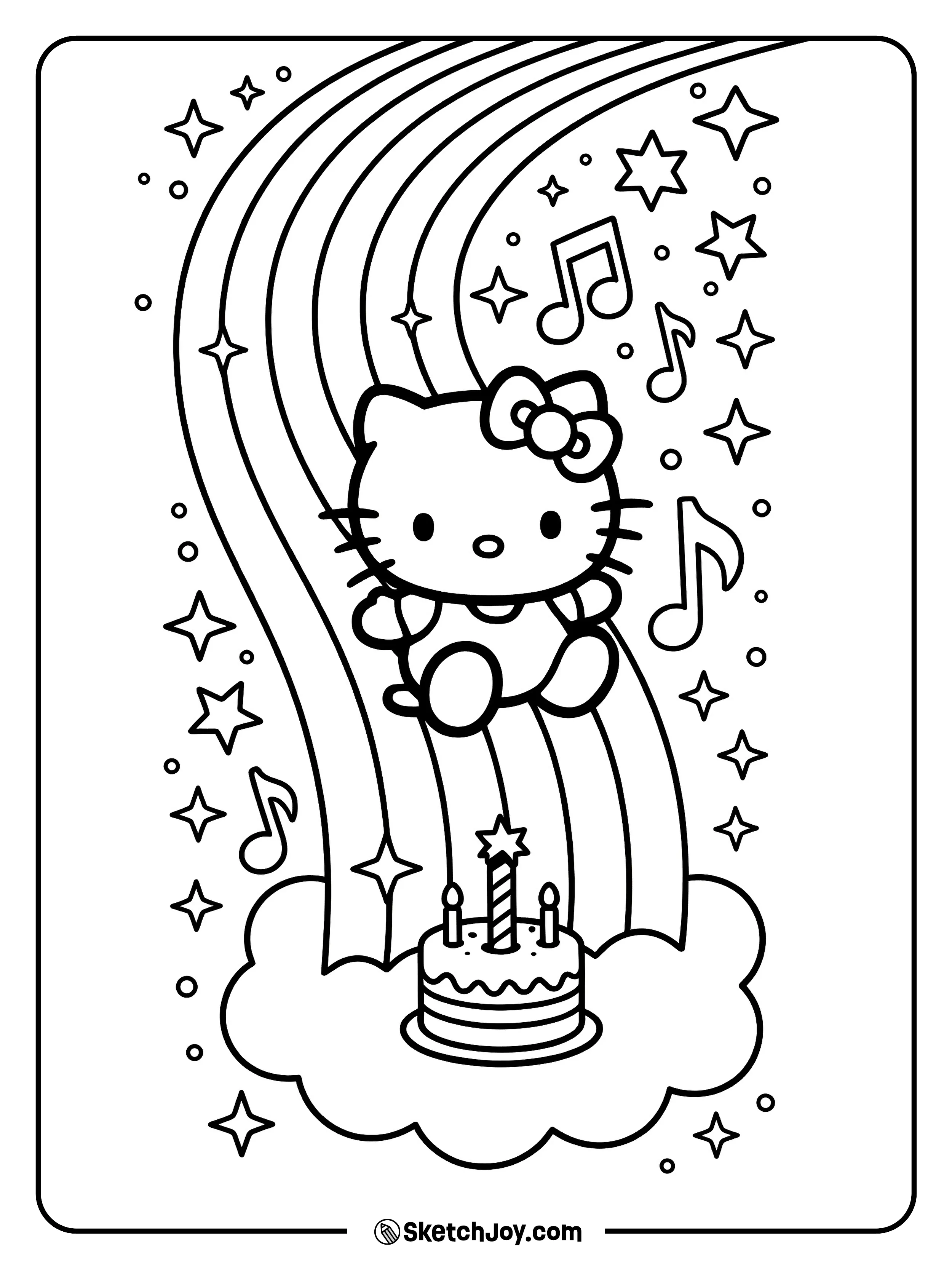 Hello Kitty celebrates on a rainbow above a cake.