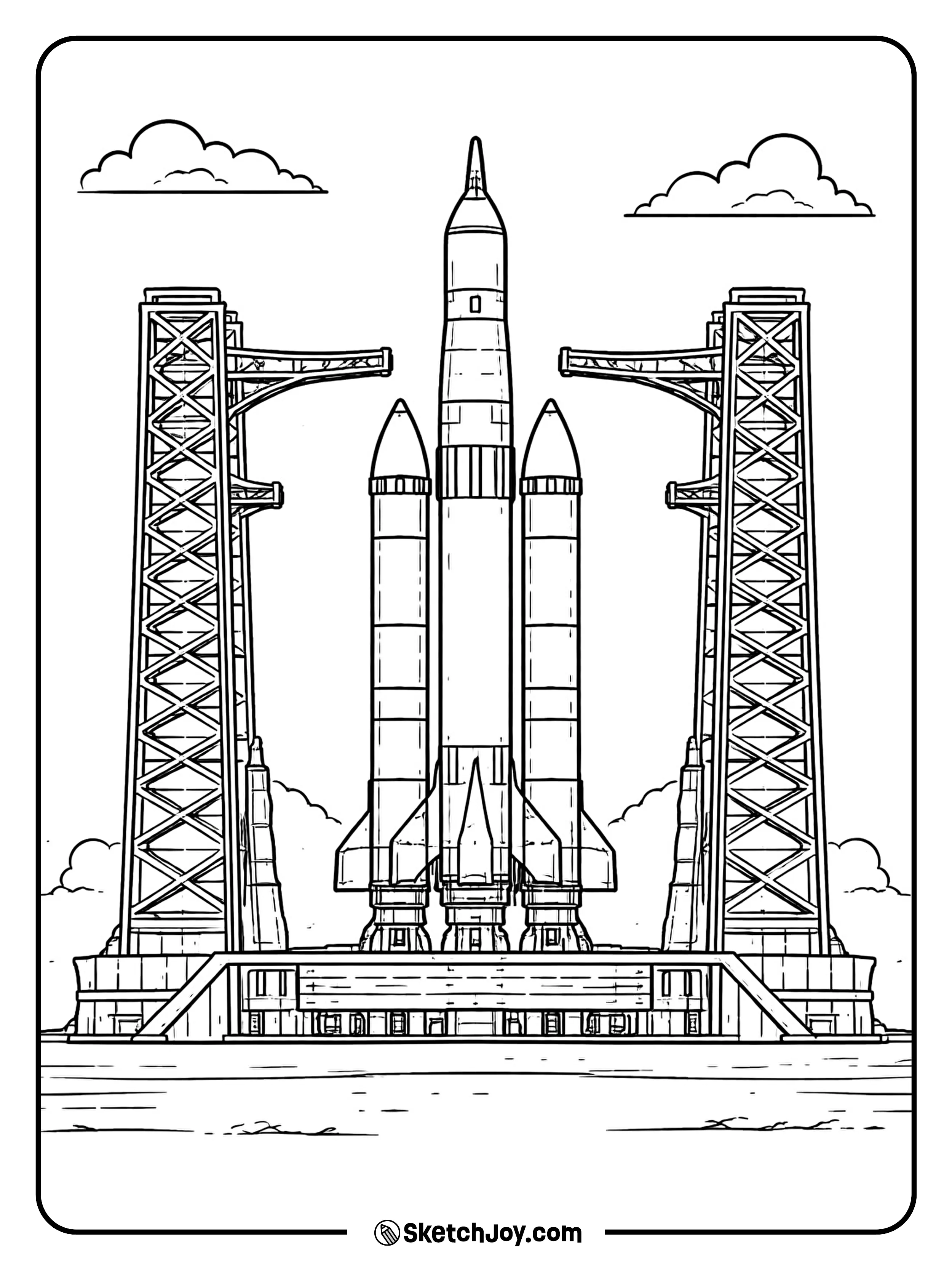 A more real-style space ship stands on a pad with simple towers.