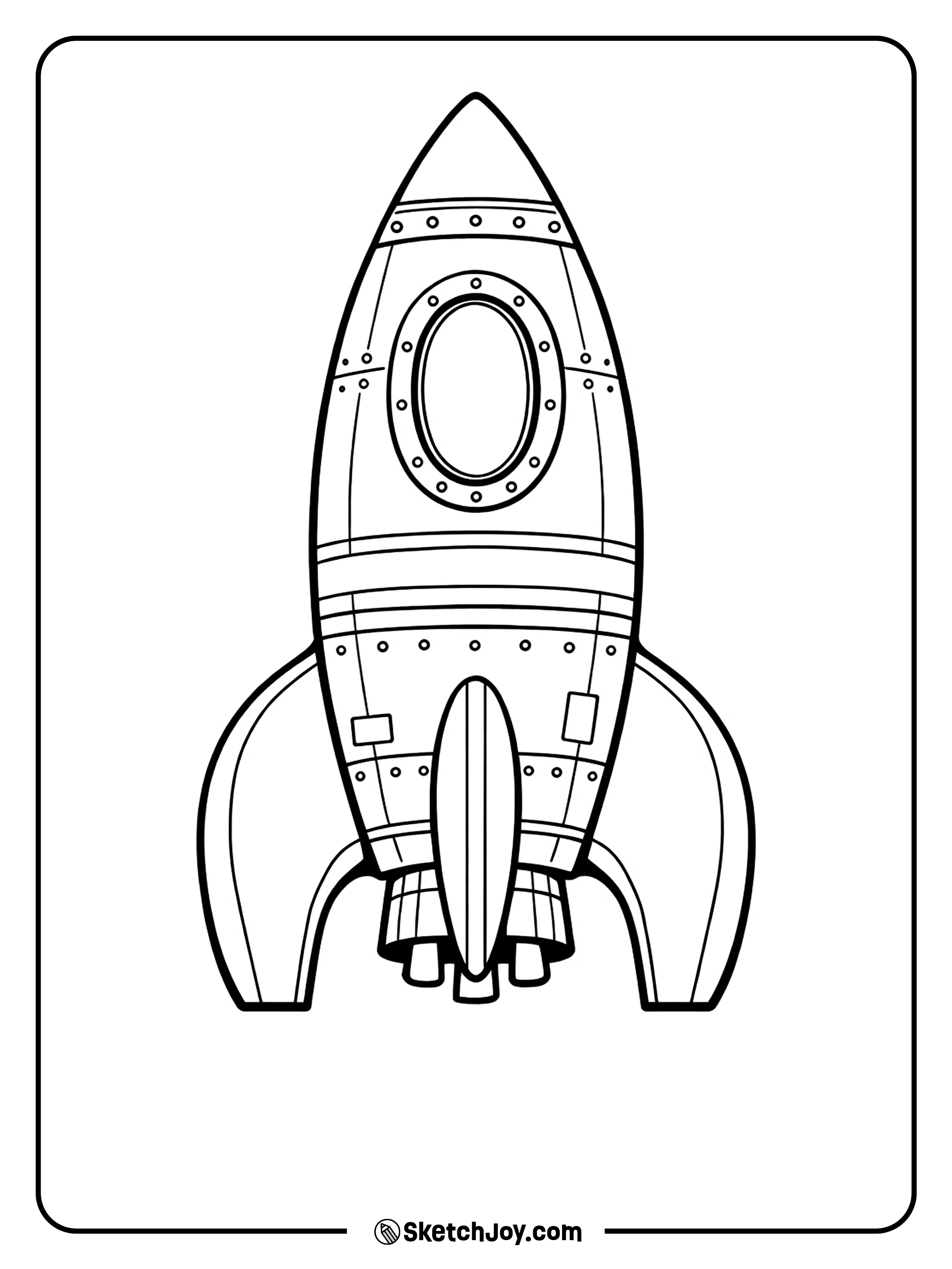 A retro toy space craft has big fins and a wide window.
