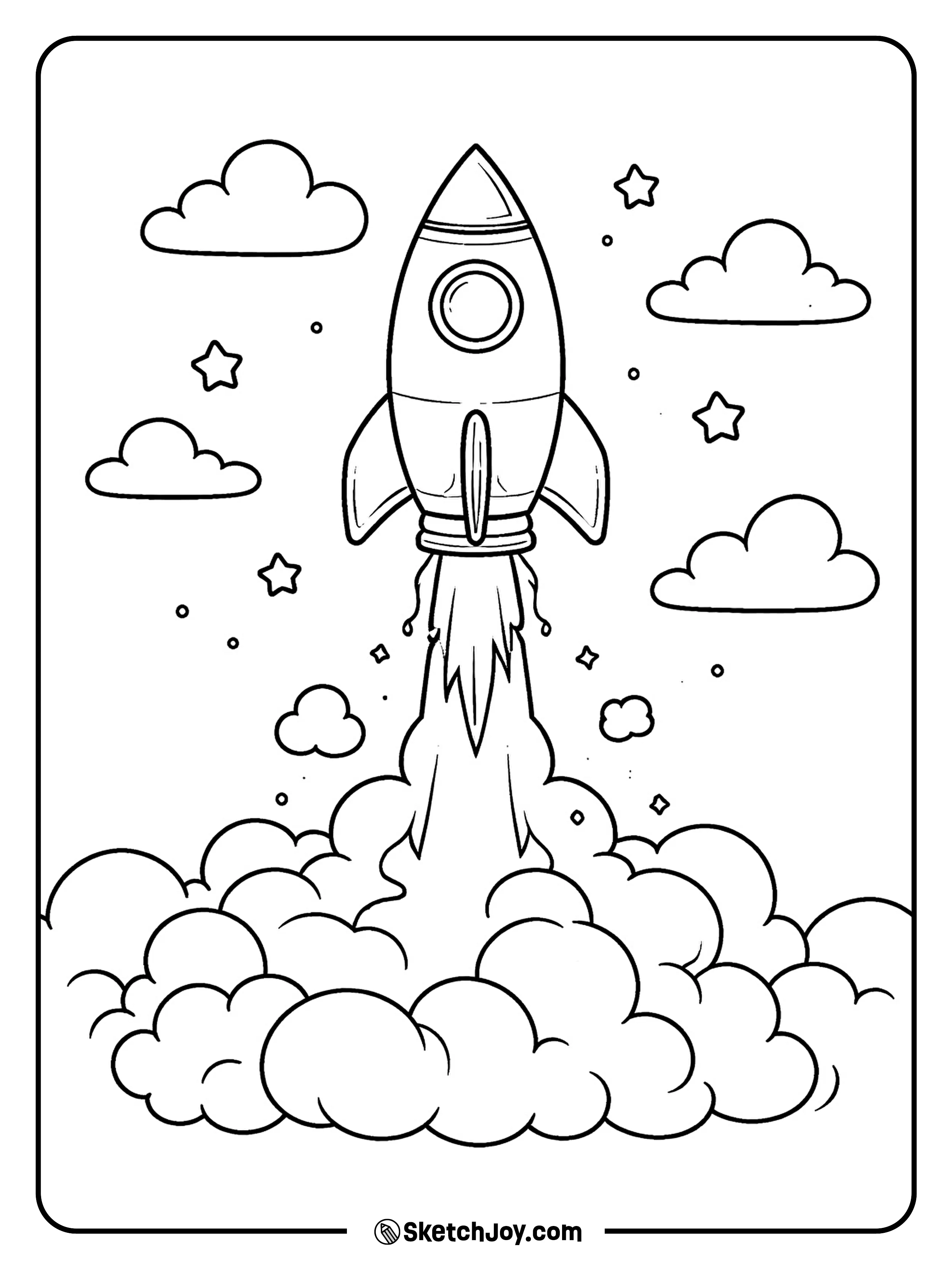 A rocket lifts up through big fluffy clouds and smoke.