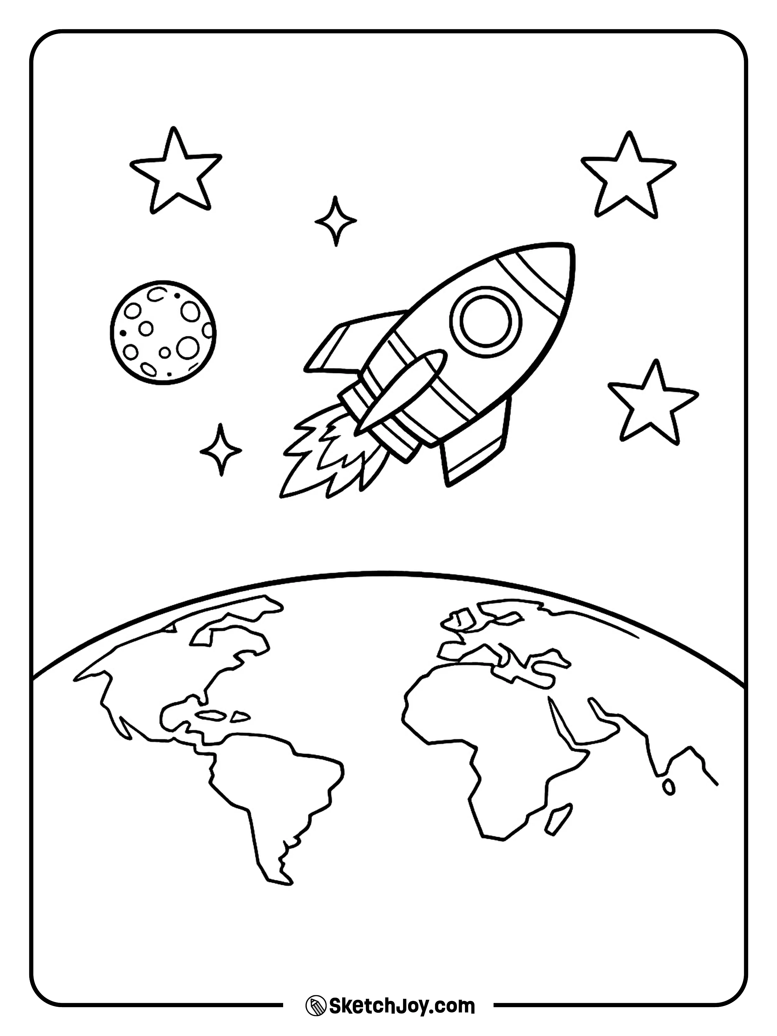 A rocket flies above Earth with a few stars around it.