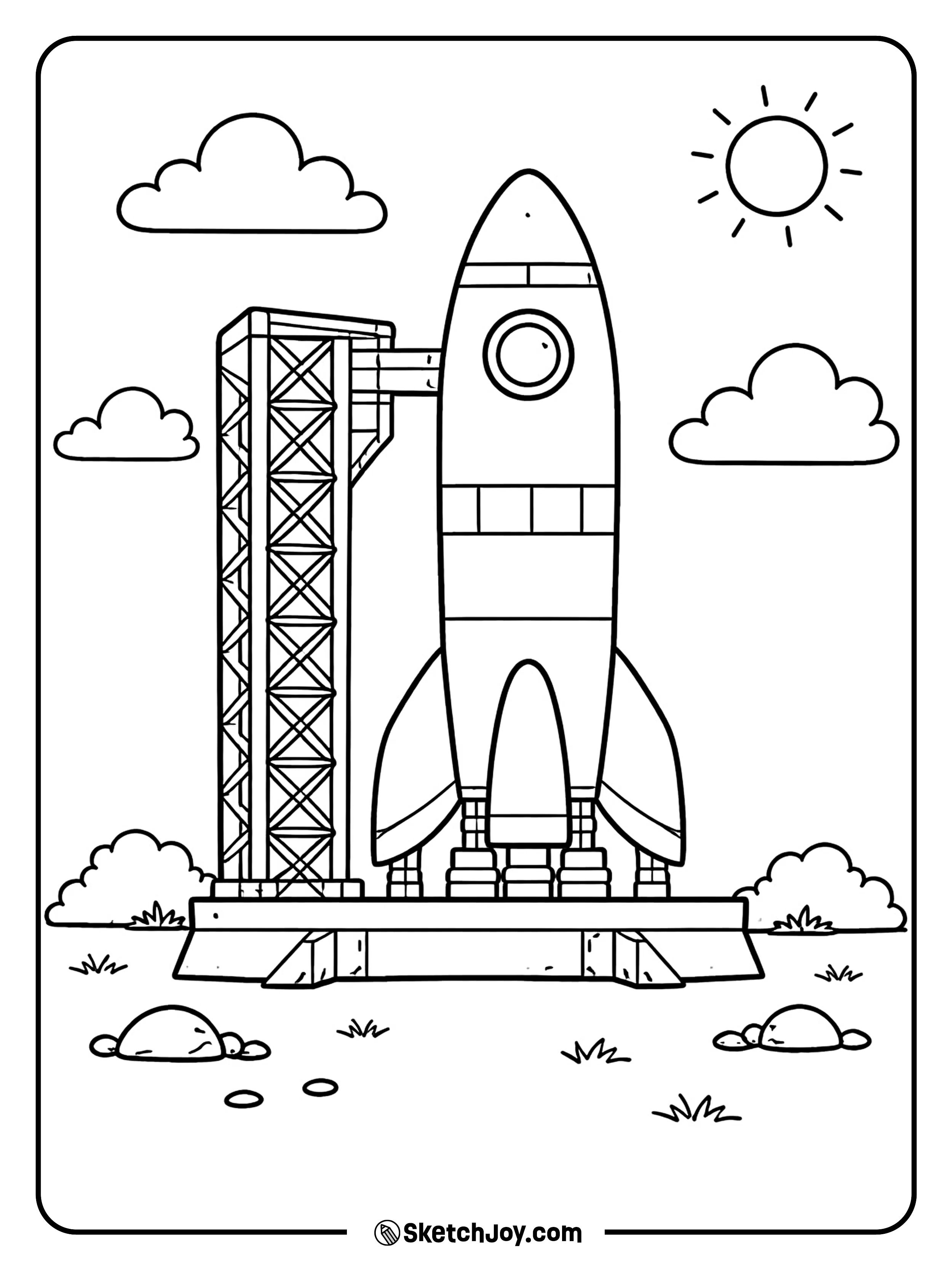 A tall rocket waits on the pad with a few simple clouds behind it.