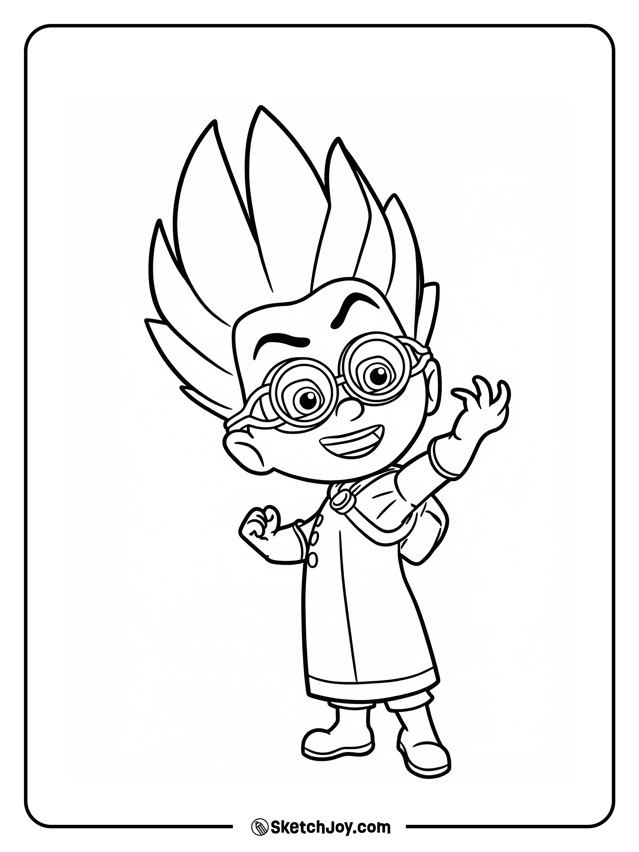 Romeo smiles and waves in his lab coat and round goggles.