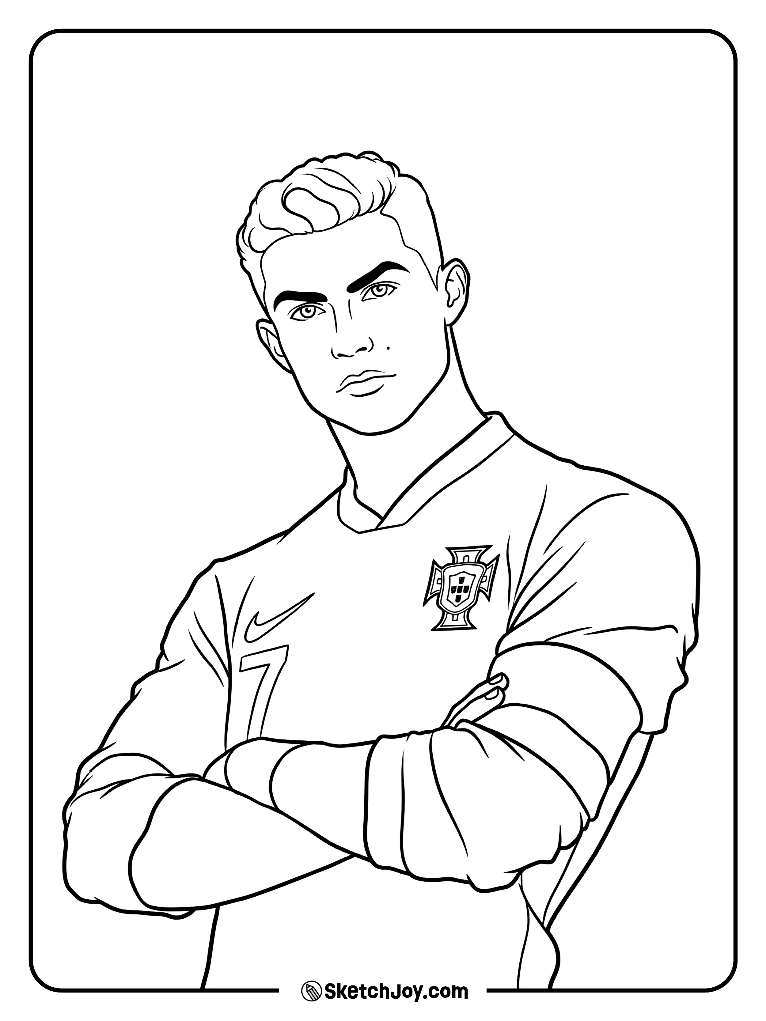 Cristiano stands strong with folded arms in a Portugal kit.