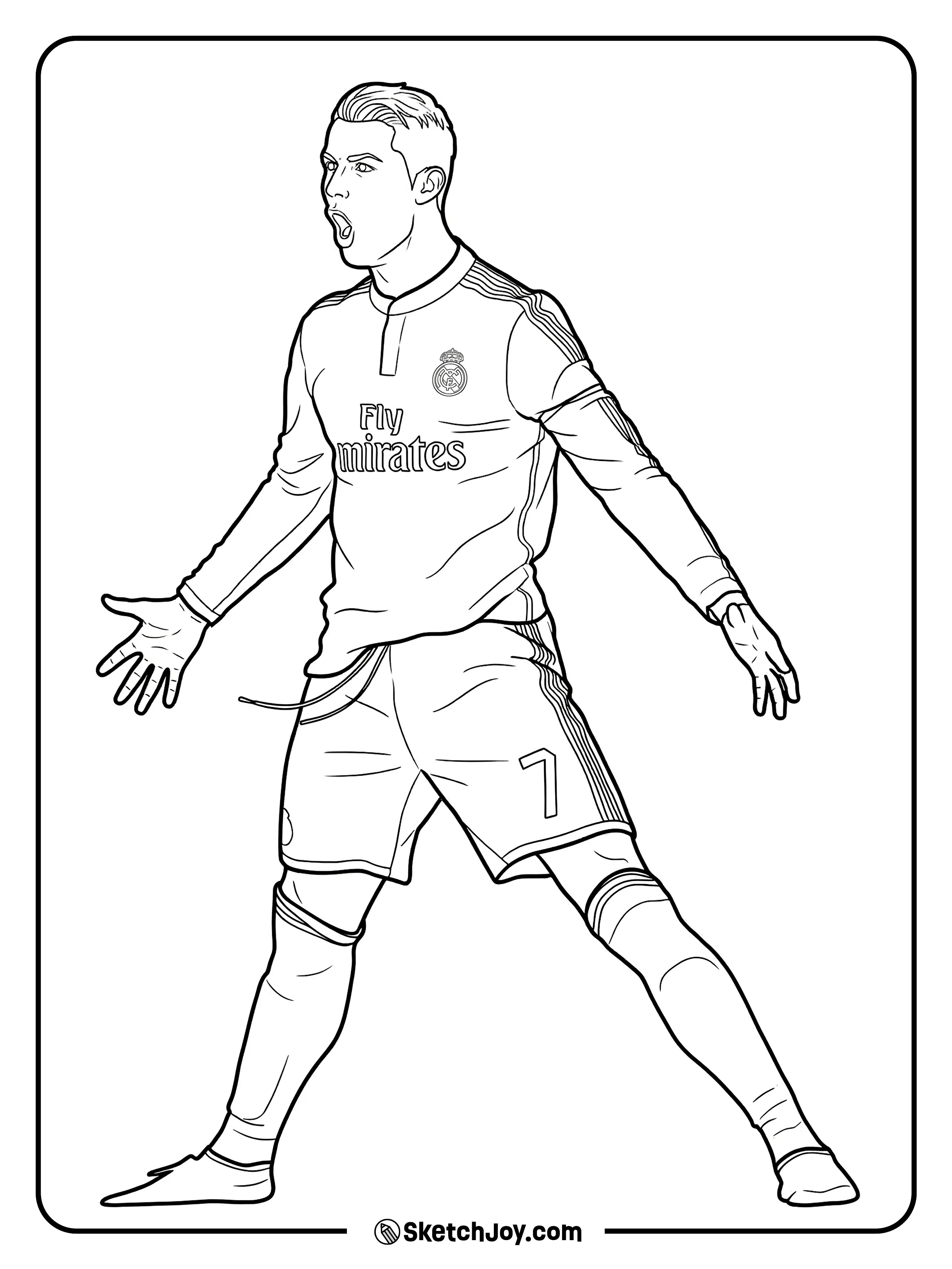 Cristiano spreads his arms in an iconic match celebration pose.