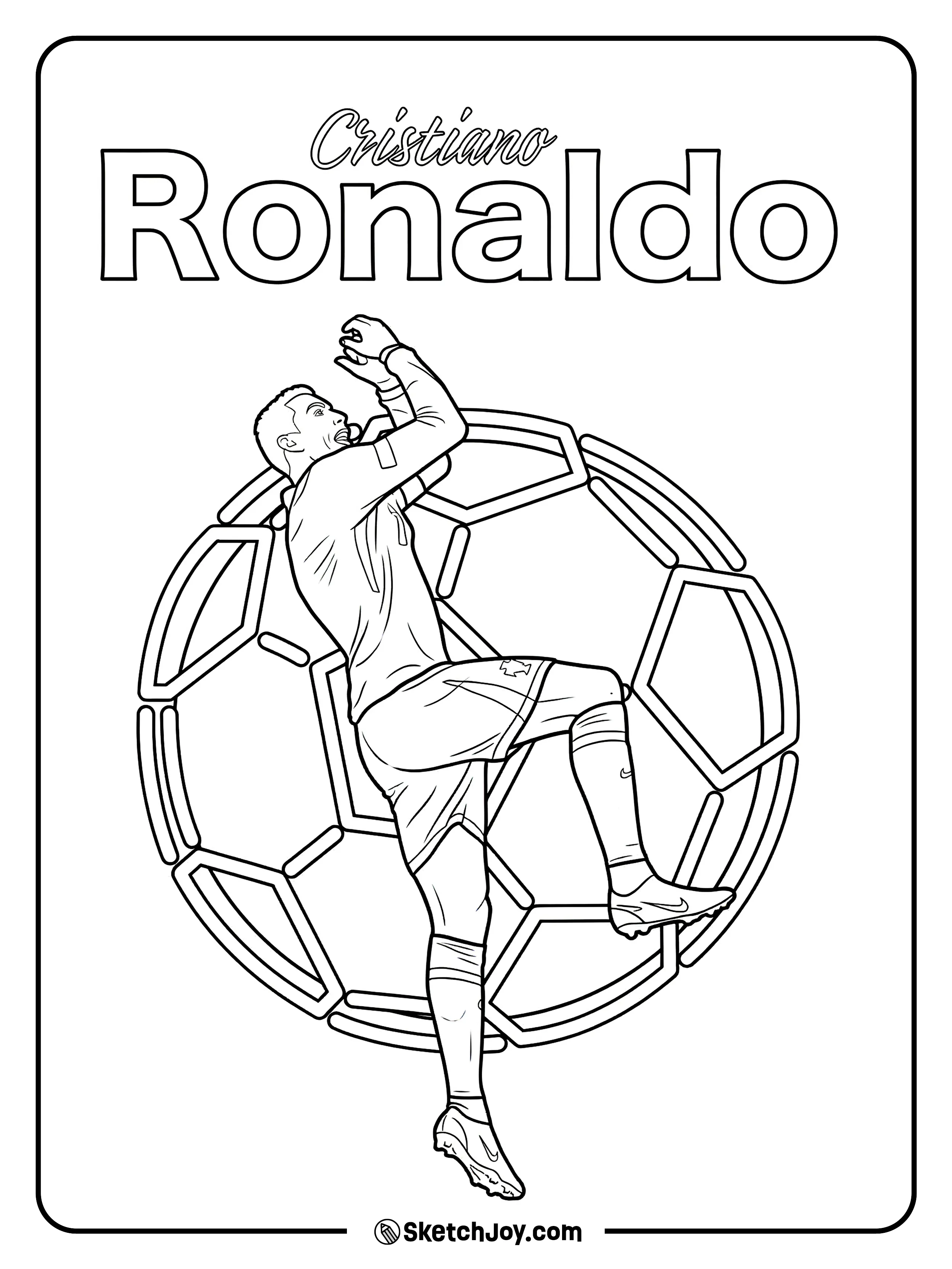 Cristiano jumps in front of a huge soccer ball and his name.