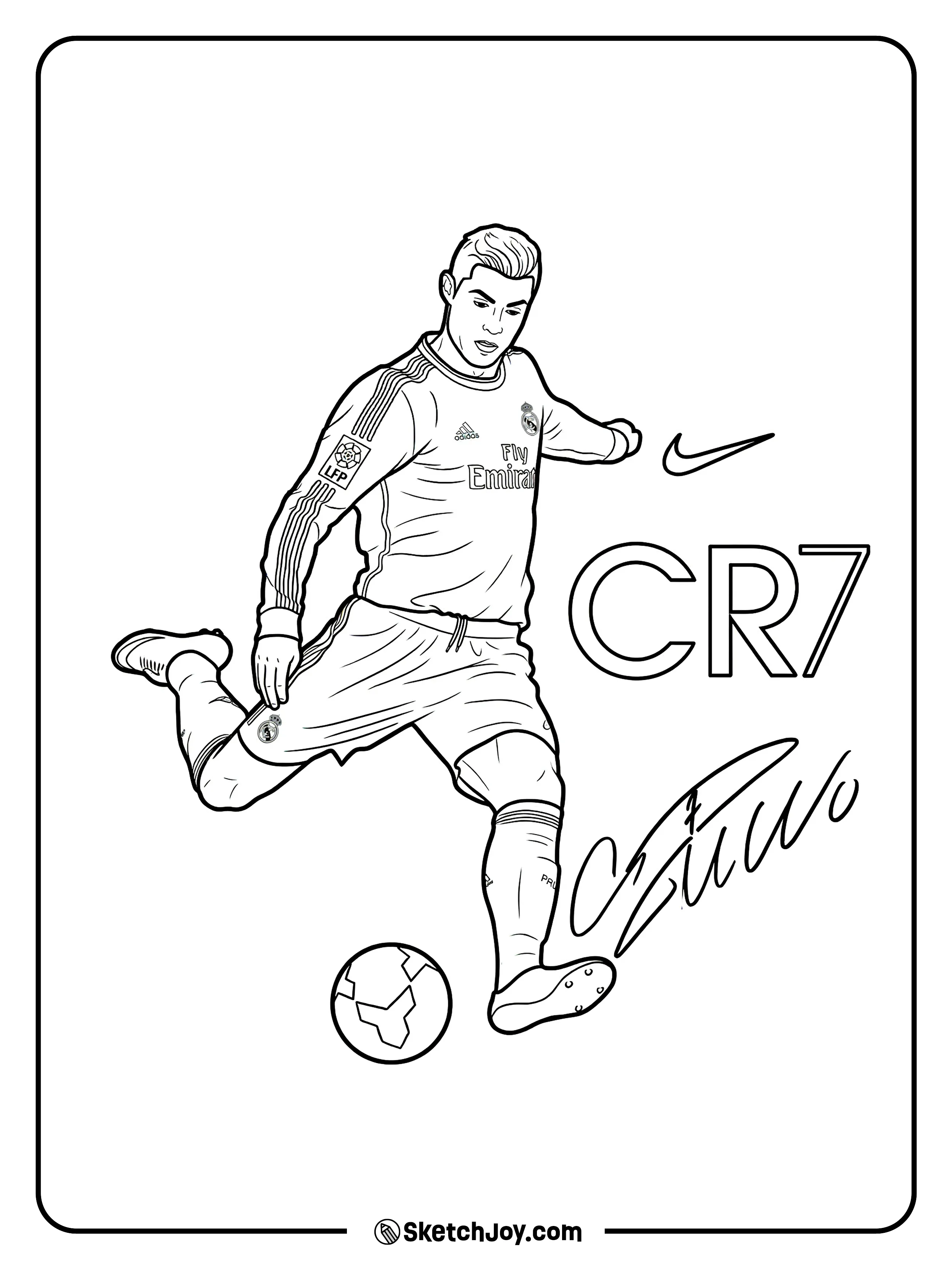 Cristiano kicks the ball with CR7 text and a bold autograph style.