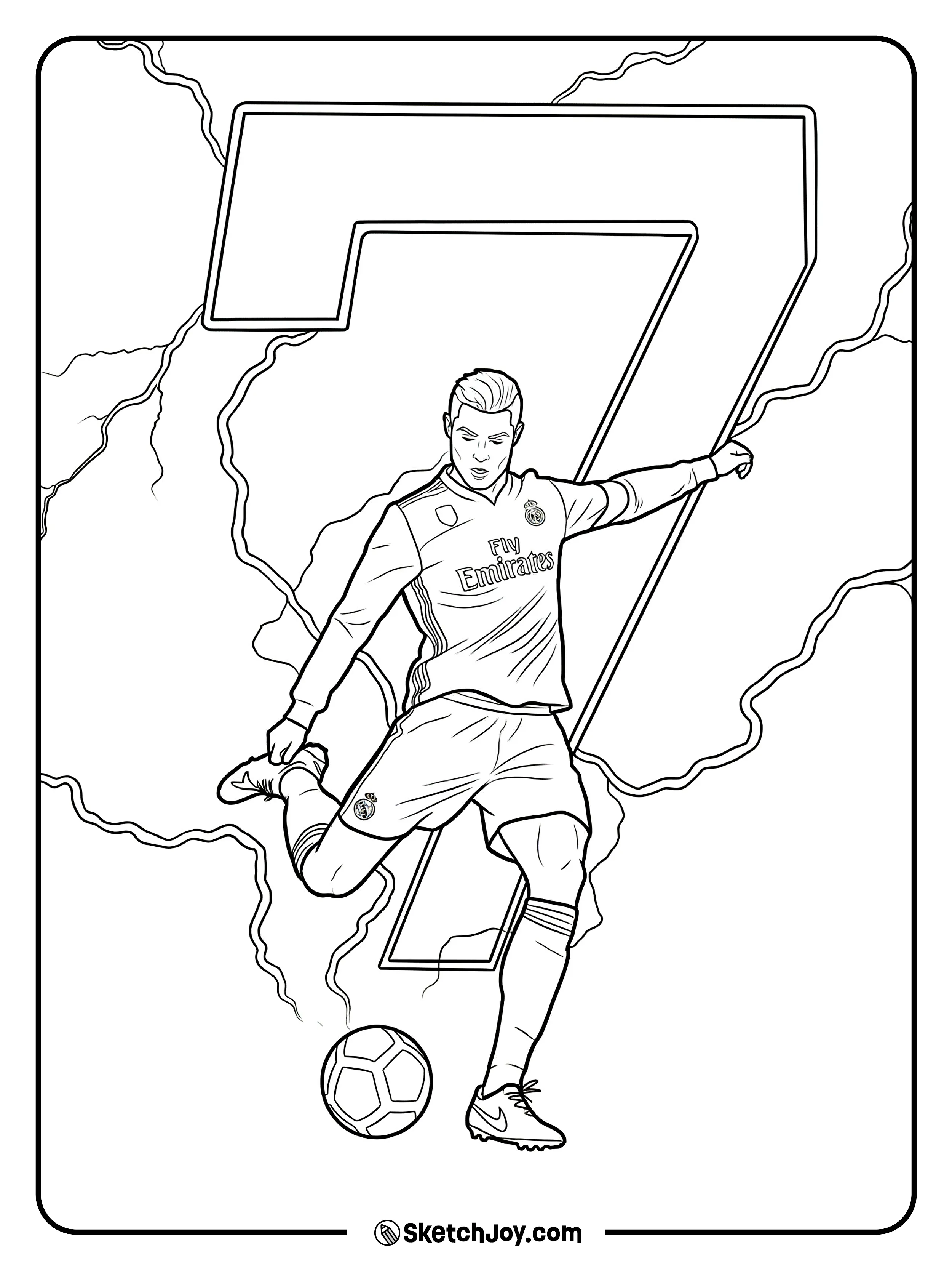 Cristiano kicks the ball with a giant number 7 and lightning lines.