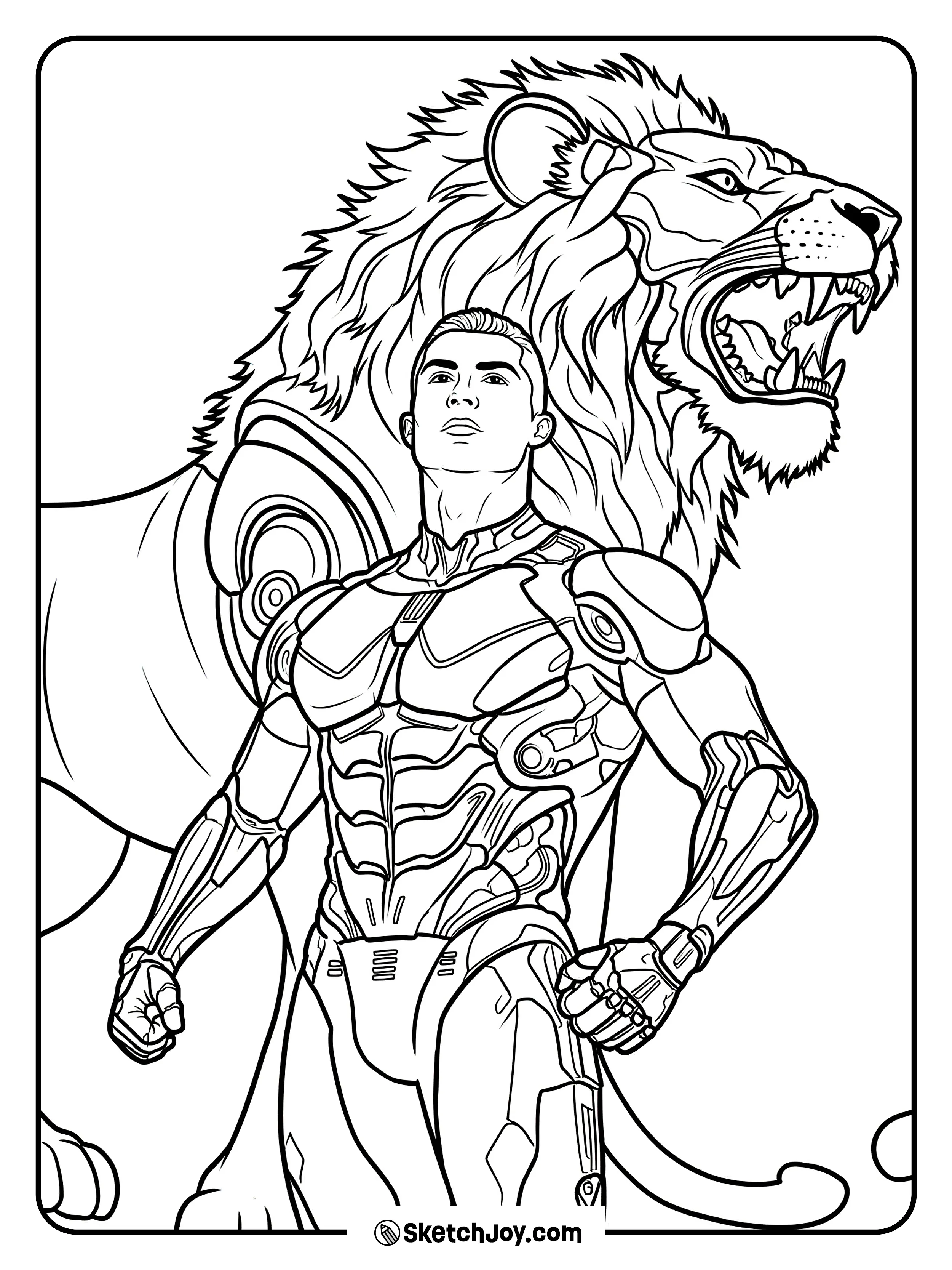 A sci‑fi CR7 hero pose with a roaring lion behind him.