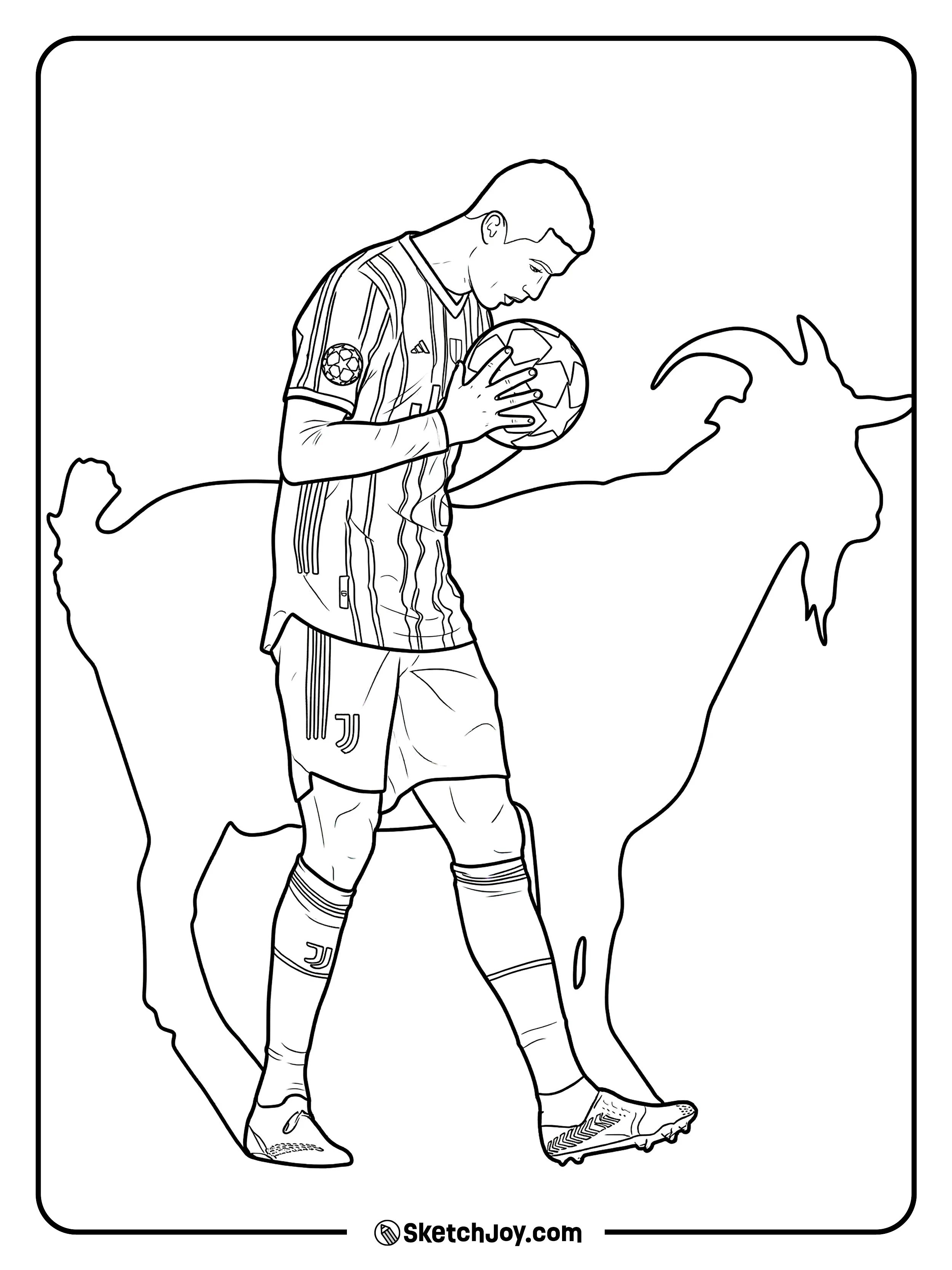 Cristiano holds a ball with a goat outline behind him.