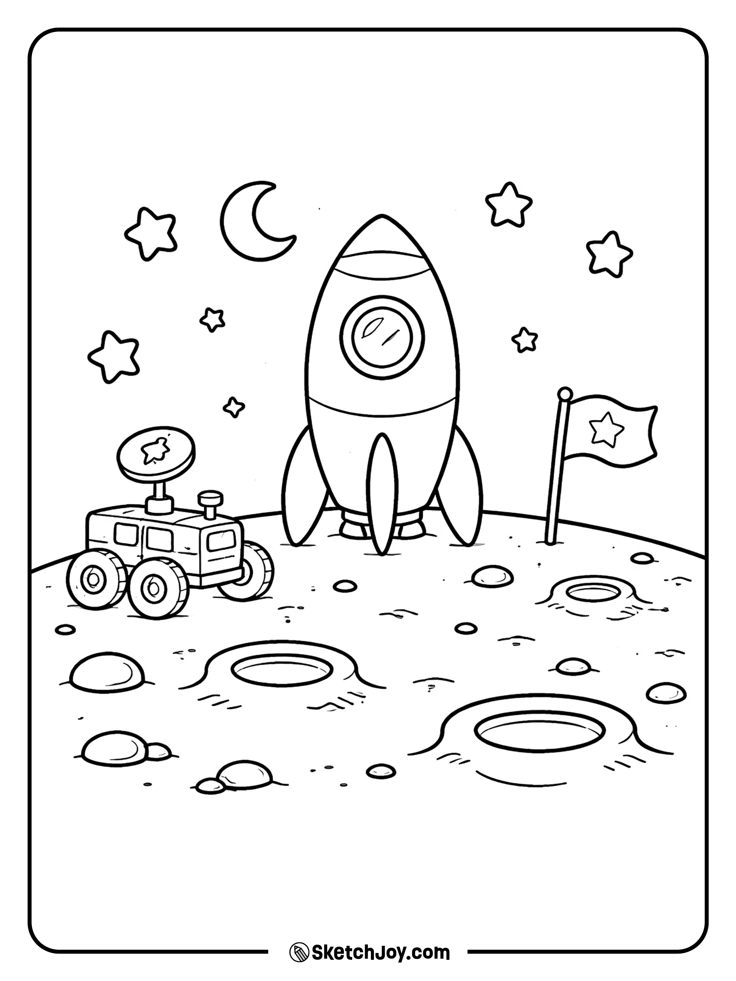 A space ship stands while a small rover rolls nearby.