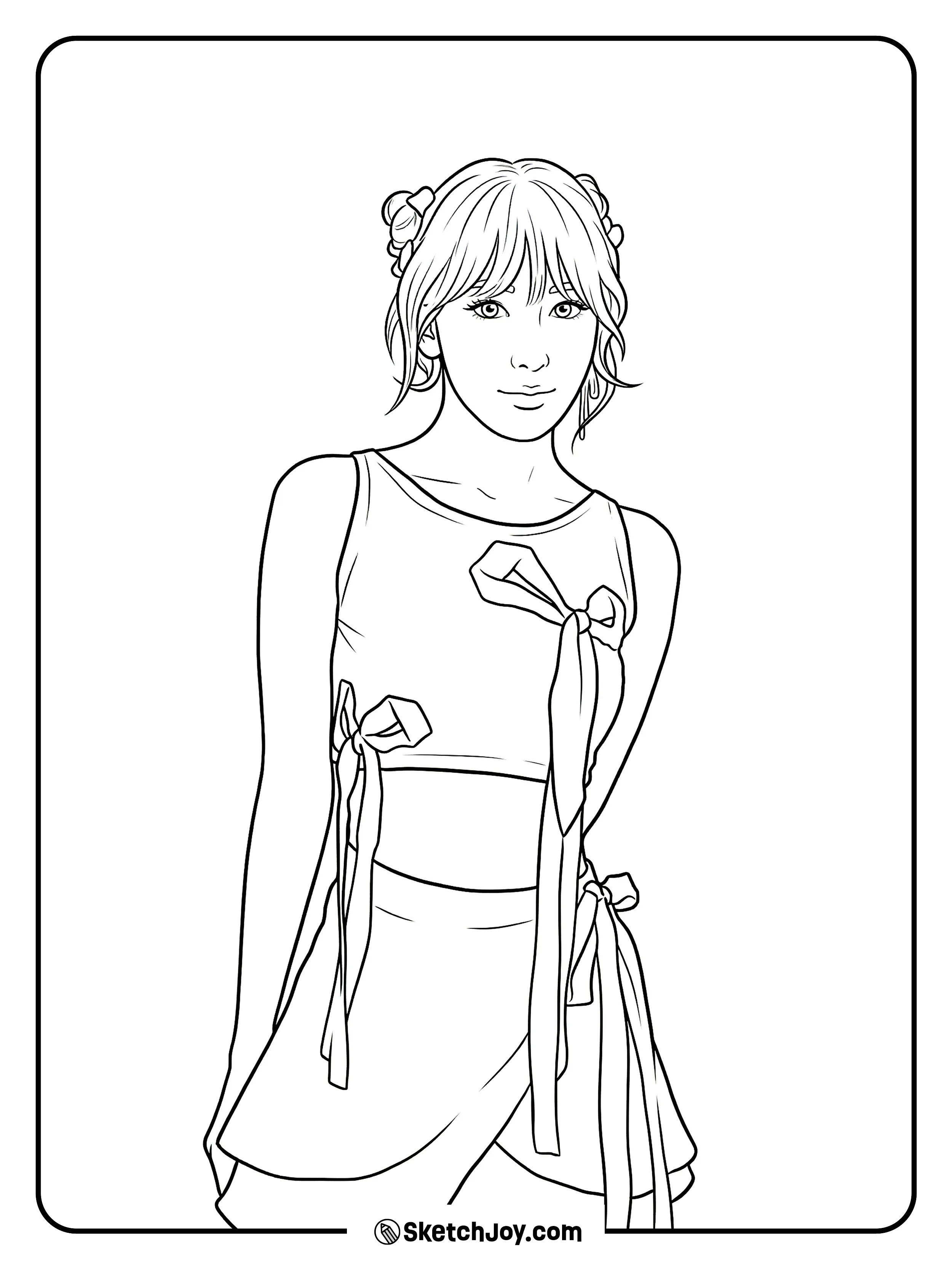 Sakura stands in a cute two-piece look with big ribbon ties and a calm smile.