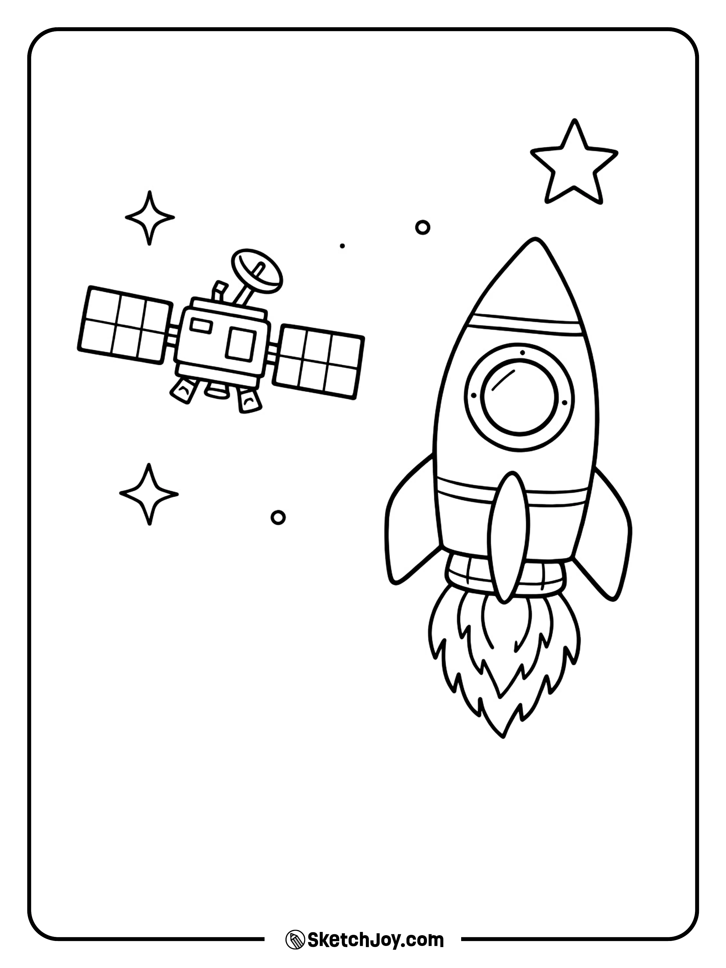 A space ship floats next to a small satellite with panels.