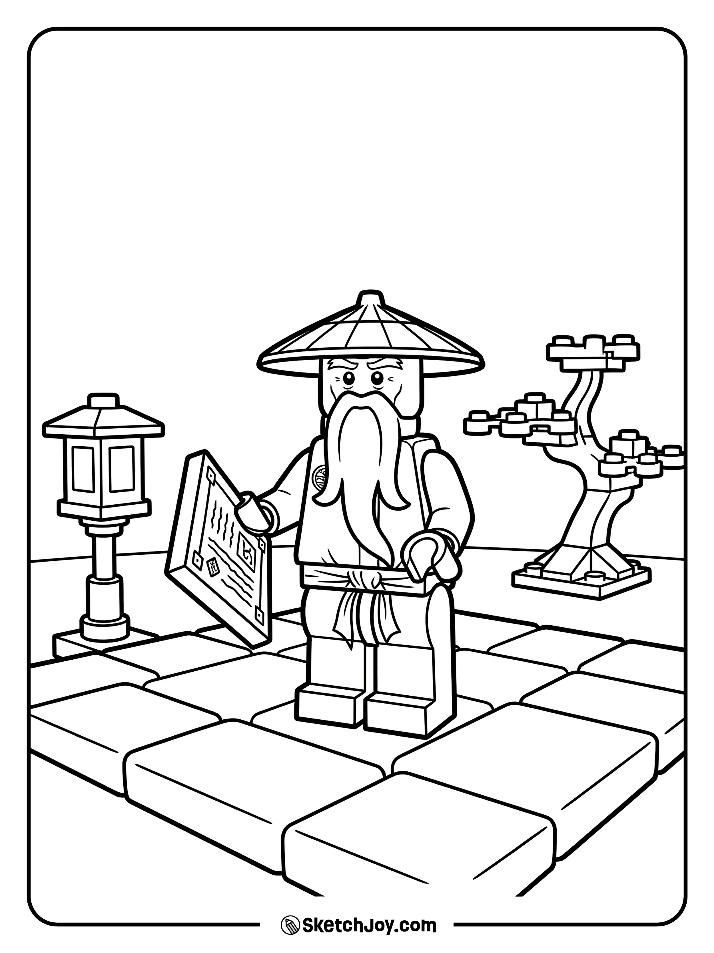 Sensei Wu holds a scroll while standing in a quiet courtyard.