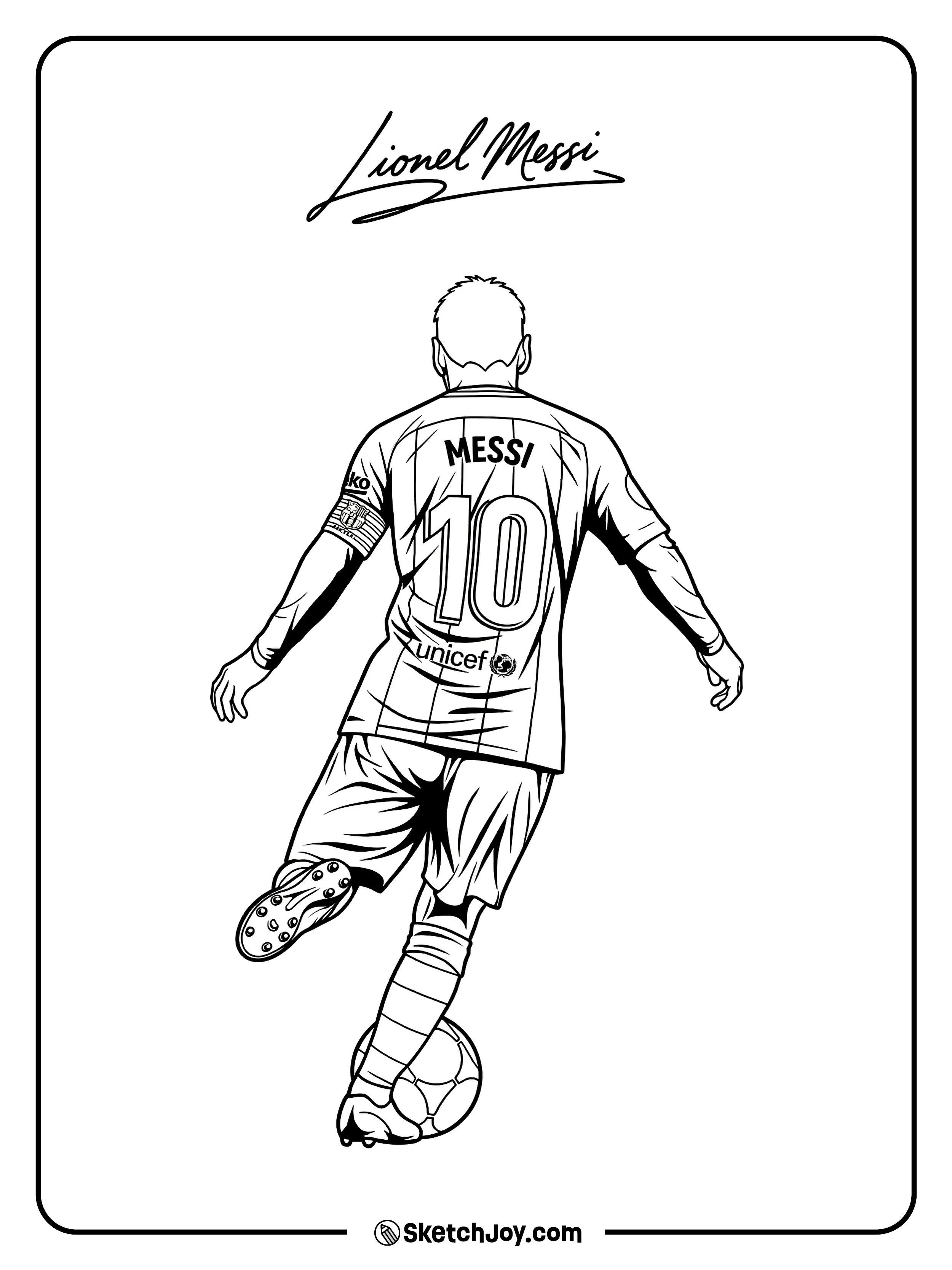 Messi #10 back view dribble with bold lines and a signature.