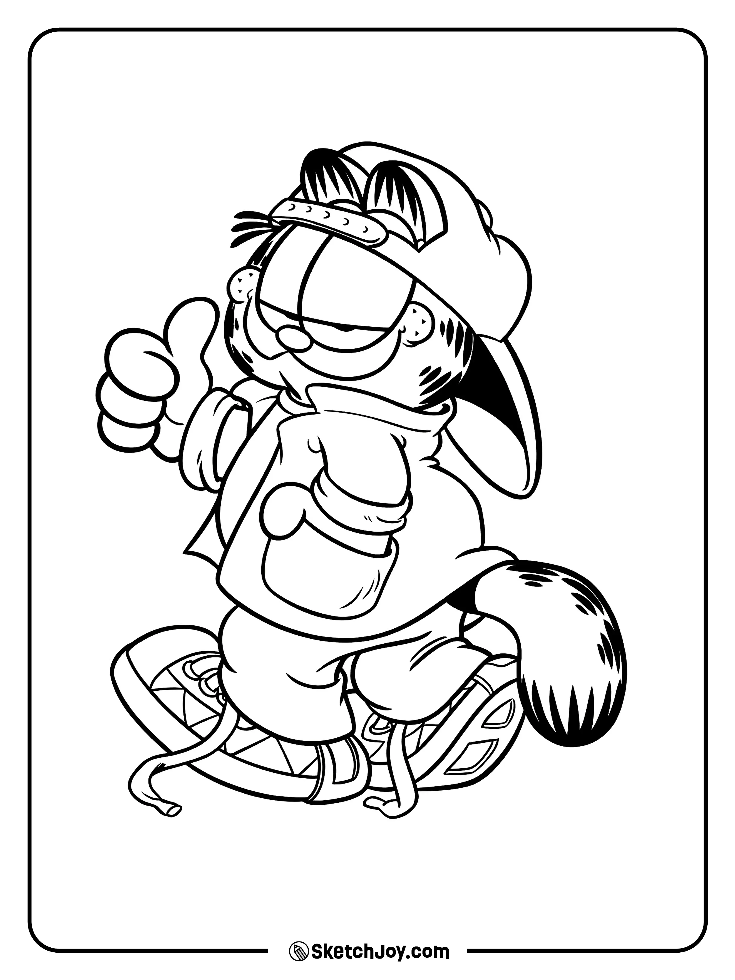Garfield rides a board in a cap and hoodie with a cool thumbs-up.