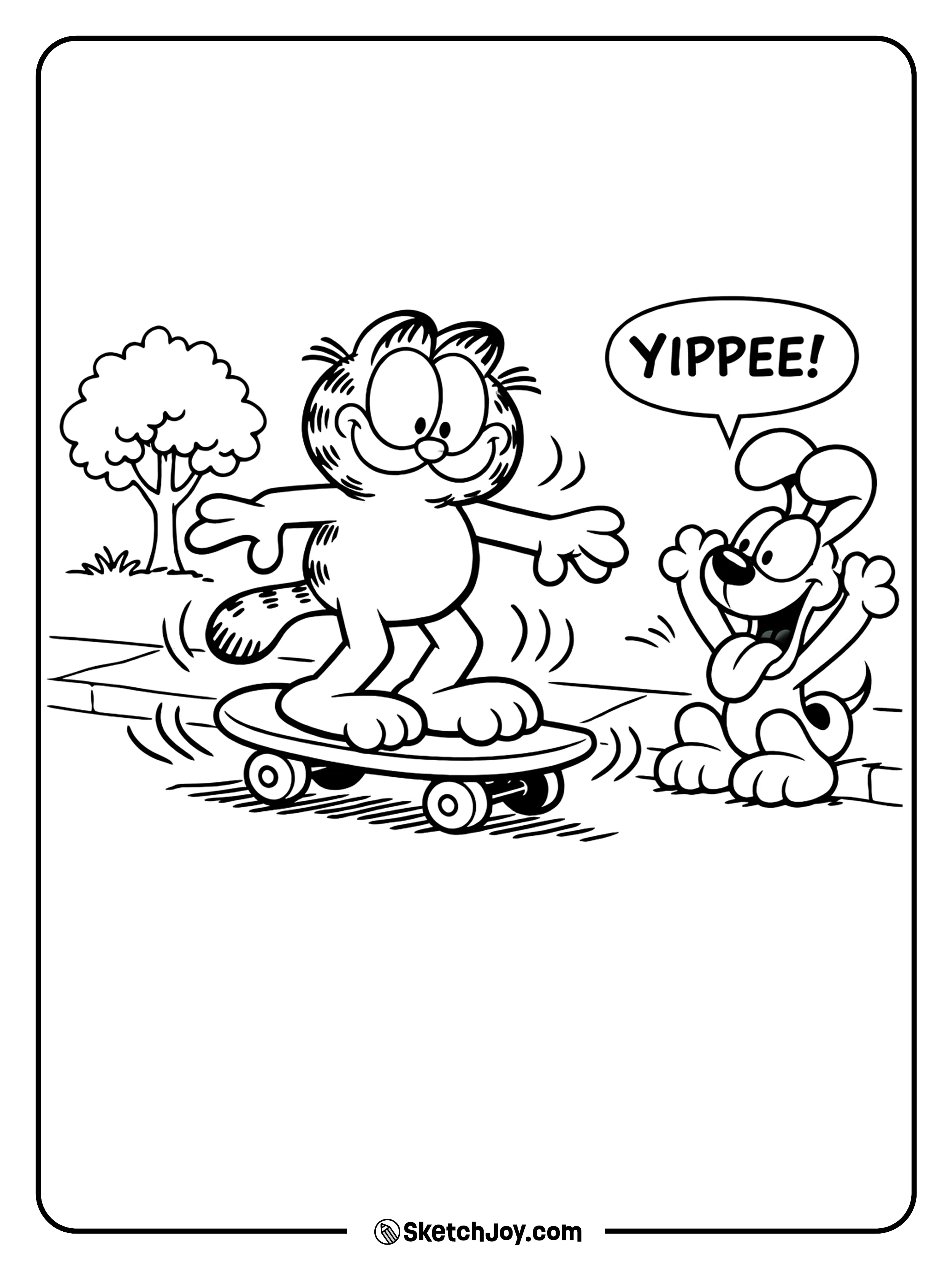 Garfield tries a skateboard while Odie cheers.