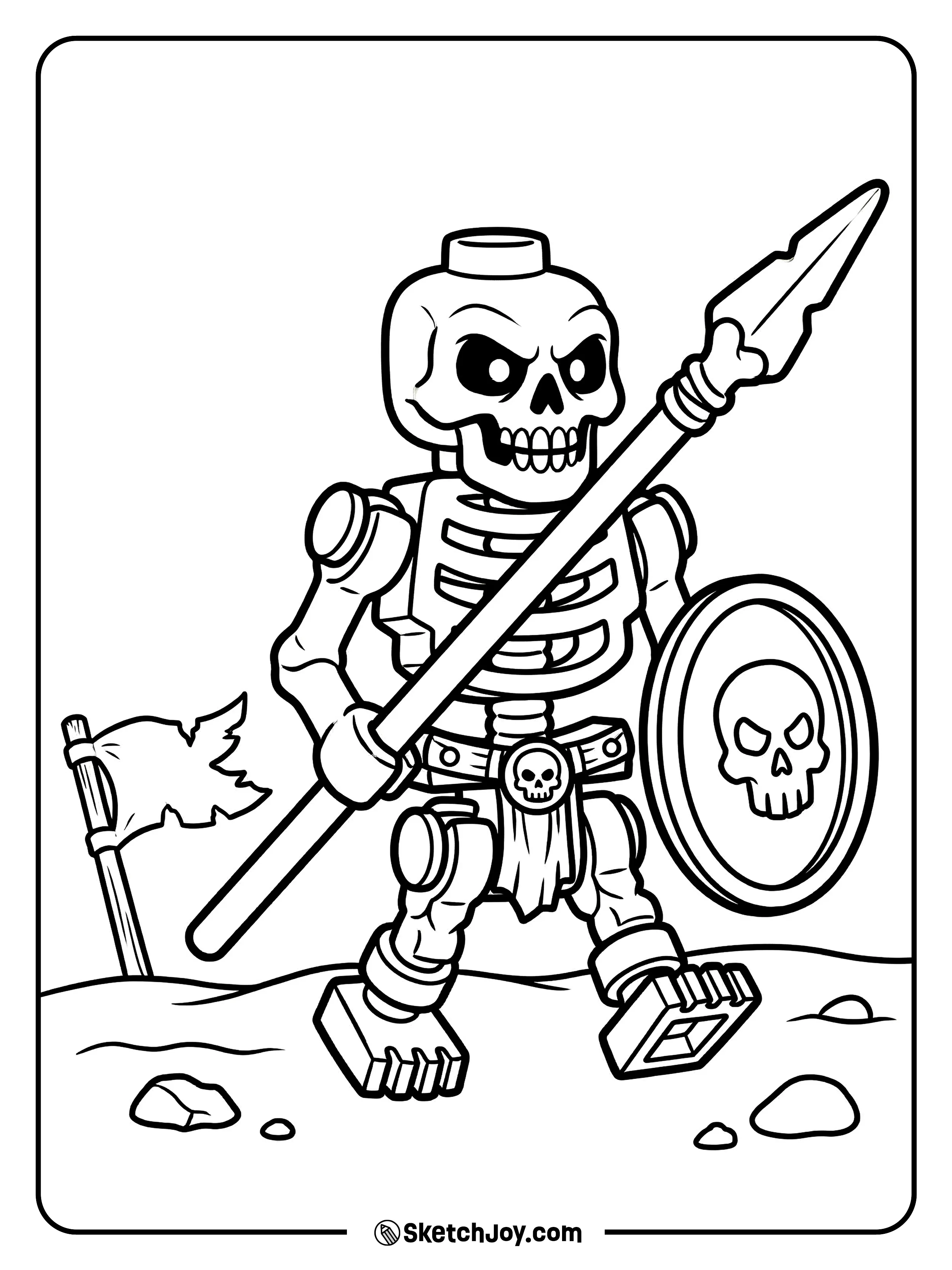 A Skulkin skeleton marches with a spear and a simple shield.