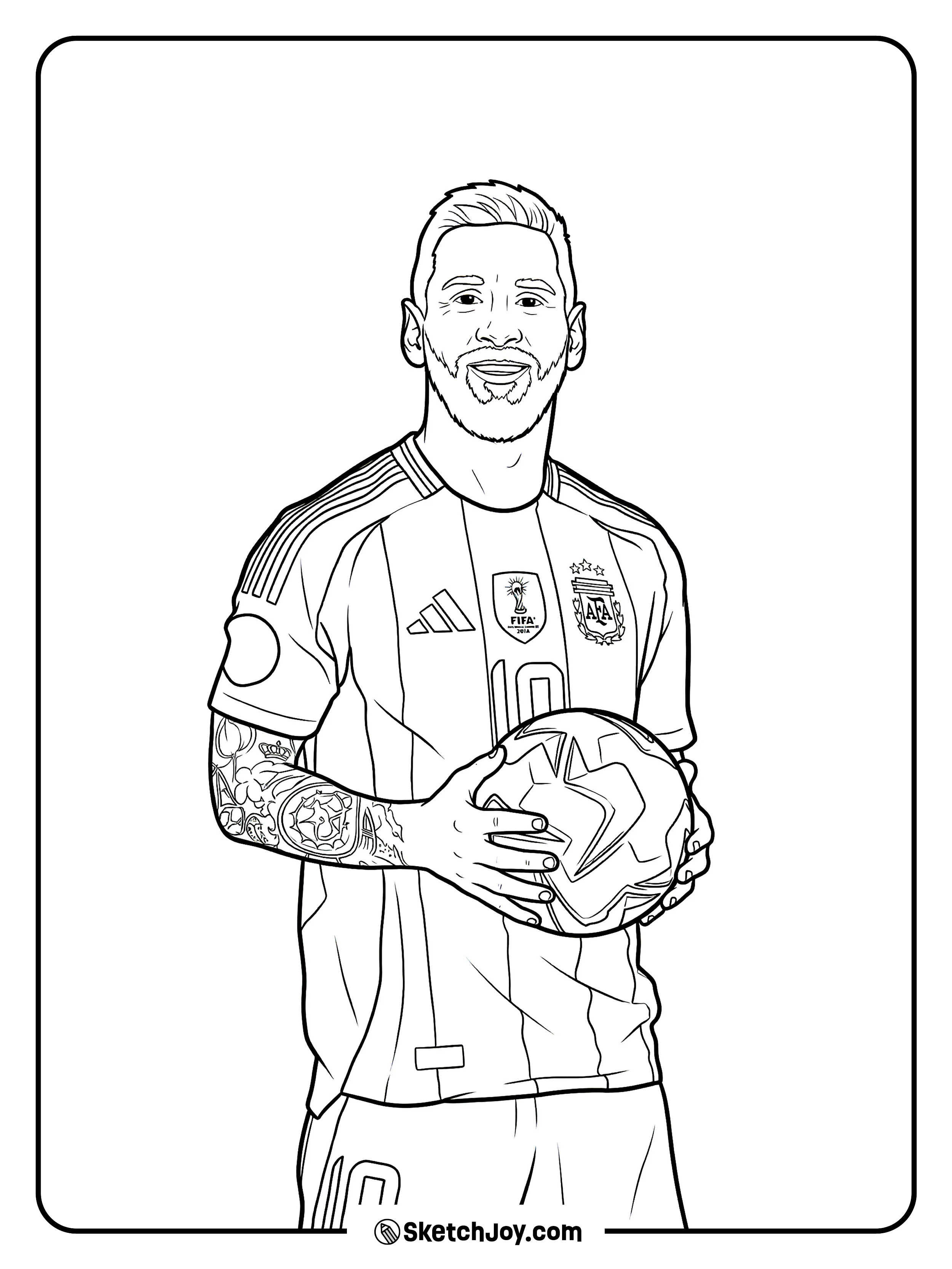Front view portrait of Messi holding the match ball for a calm pose.