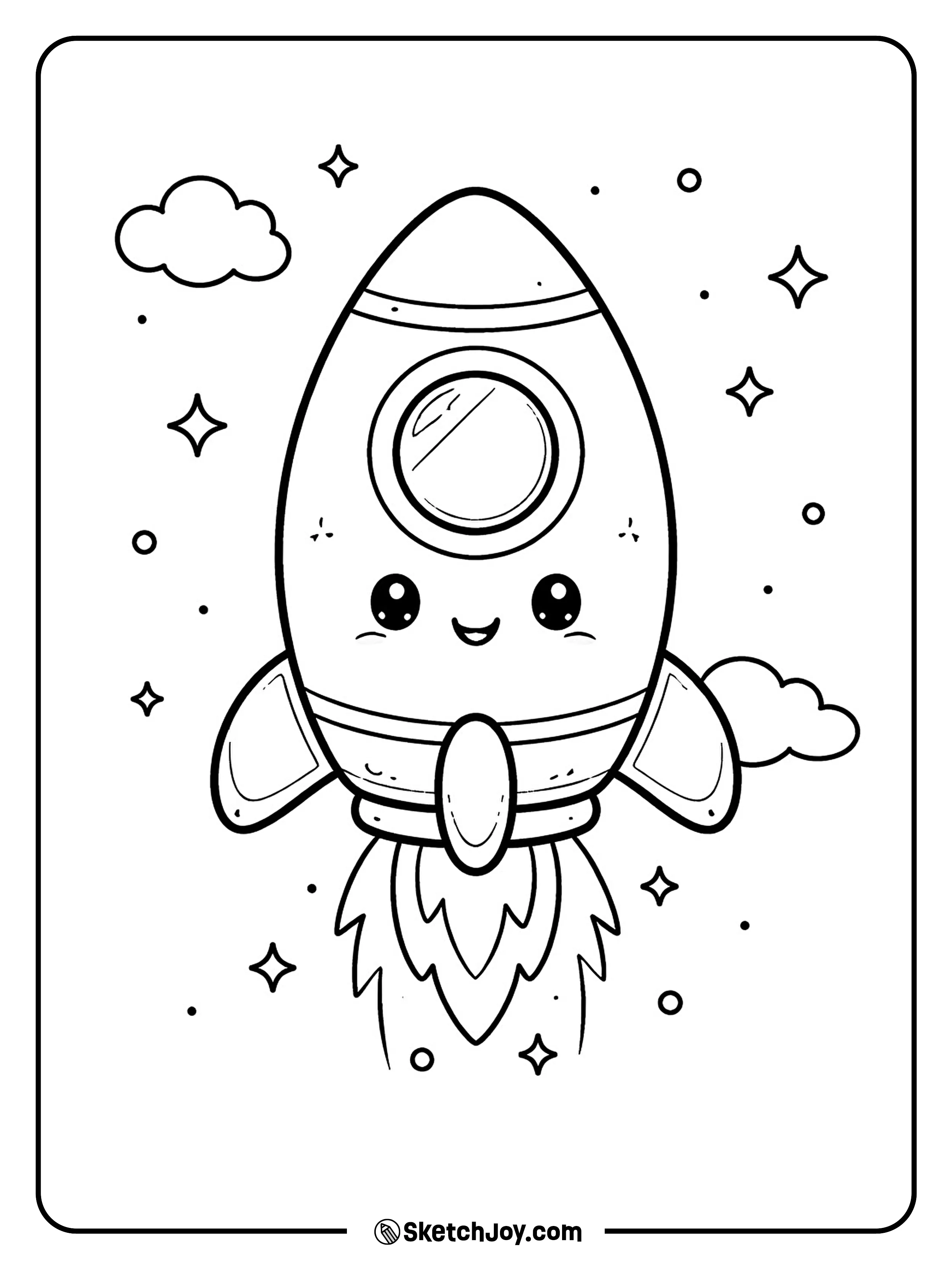 A cute space ship has a happy face and small fins.