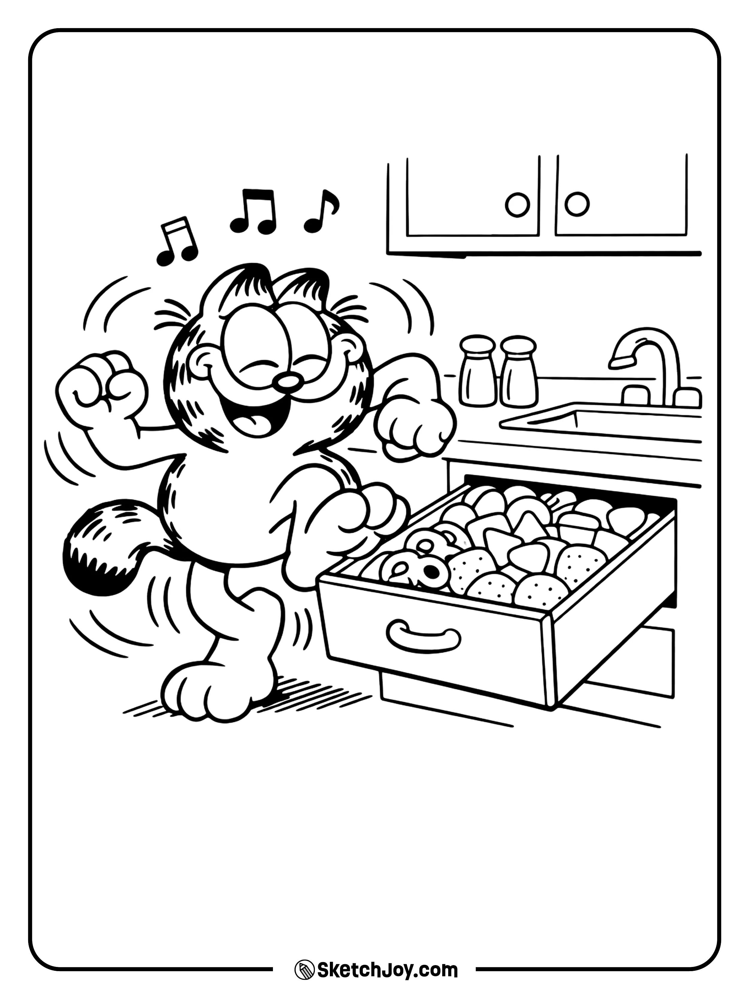 He does a silly dance after finding snacks.