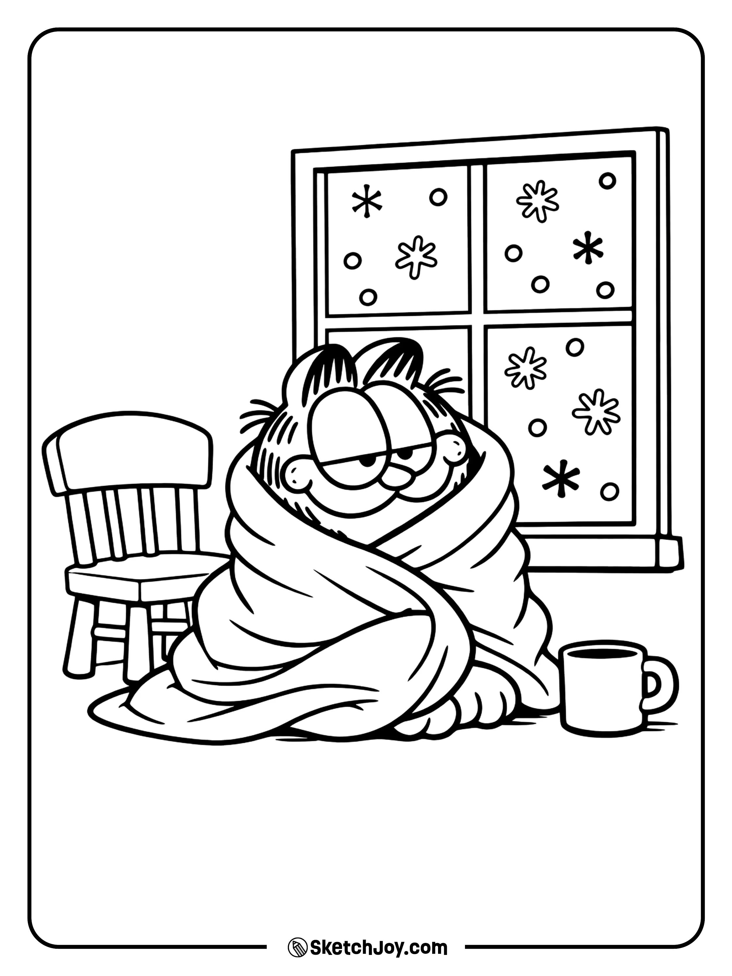 Garfield watches snow outside while wrapped in a blanket.