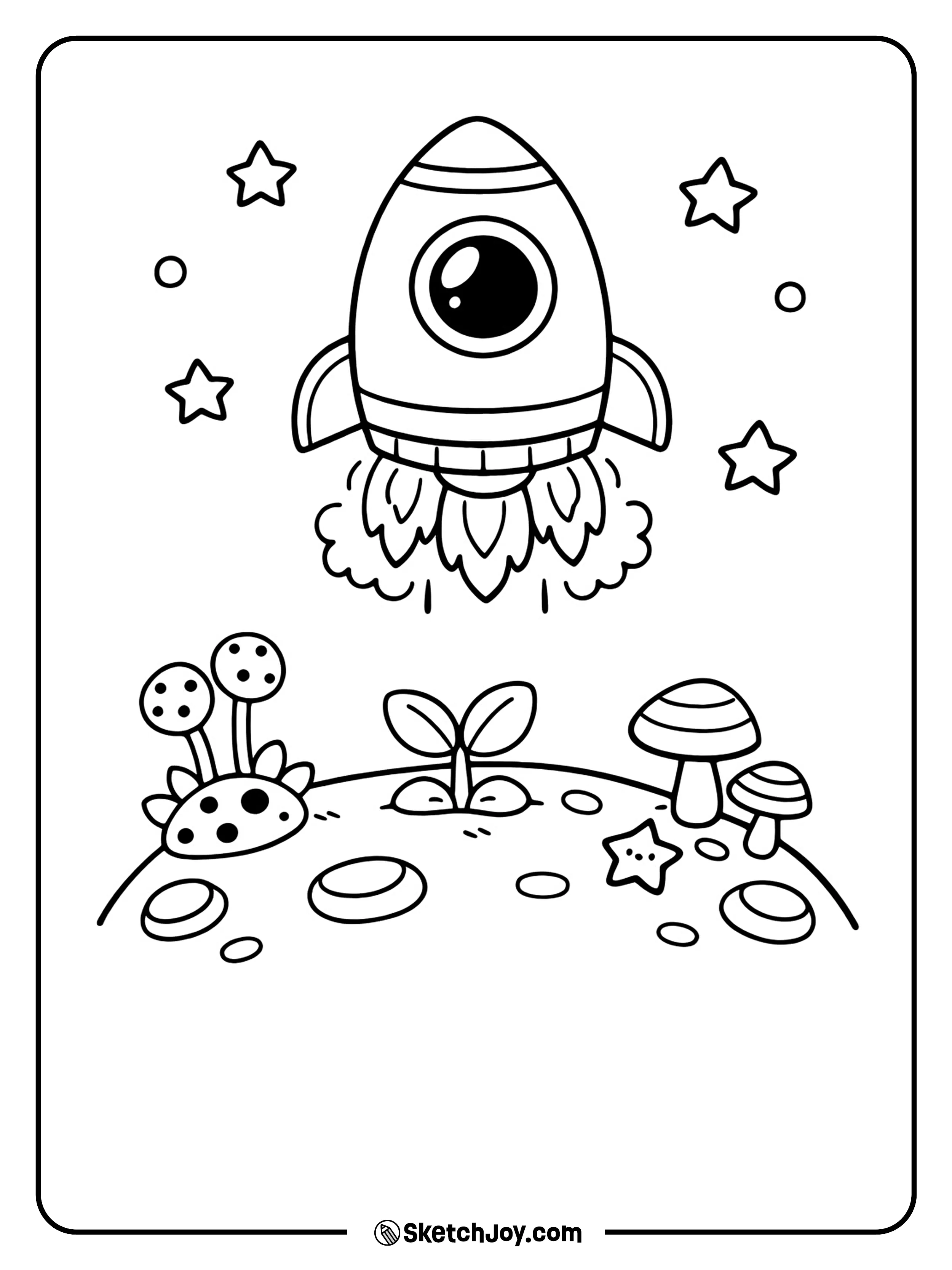 A space ship hovers near simple space plants on a tiny moon.