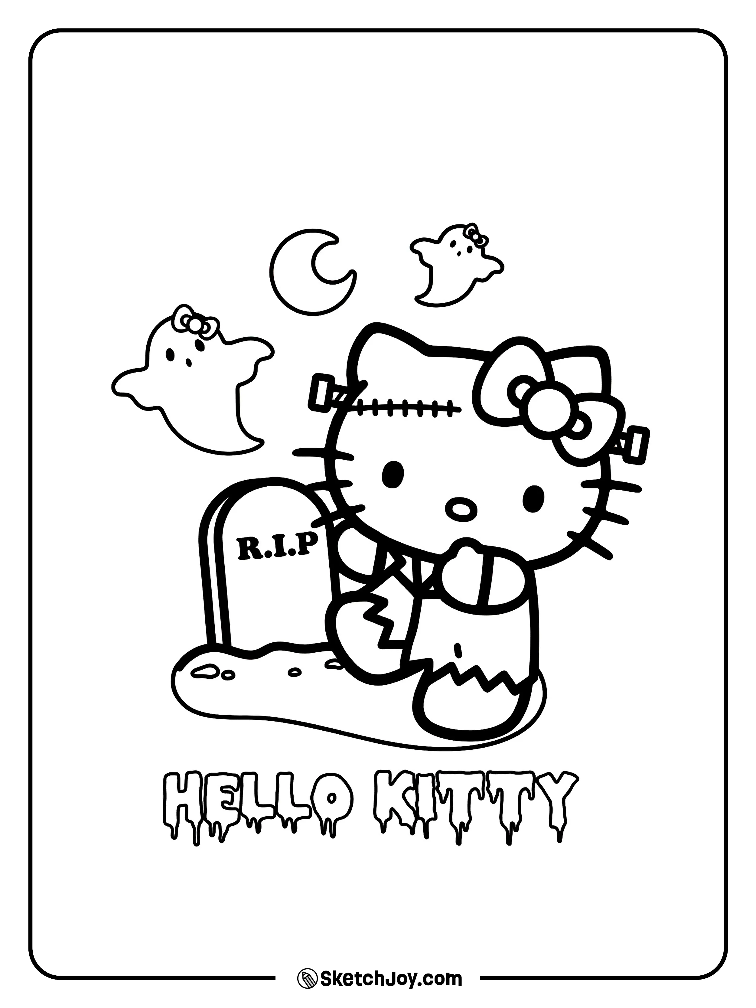 Hello Kitty stands by a grave marker under the moon with little ghosts floating nearby.