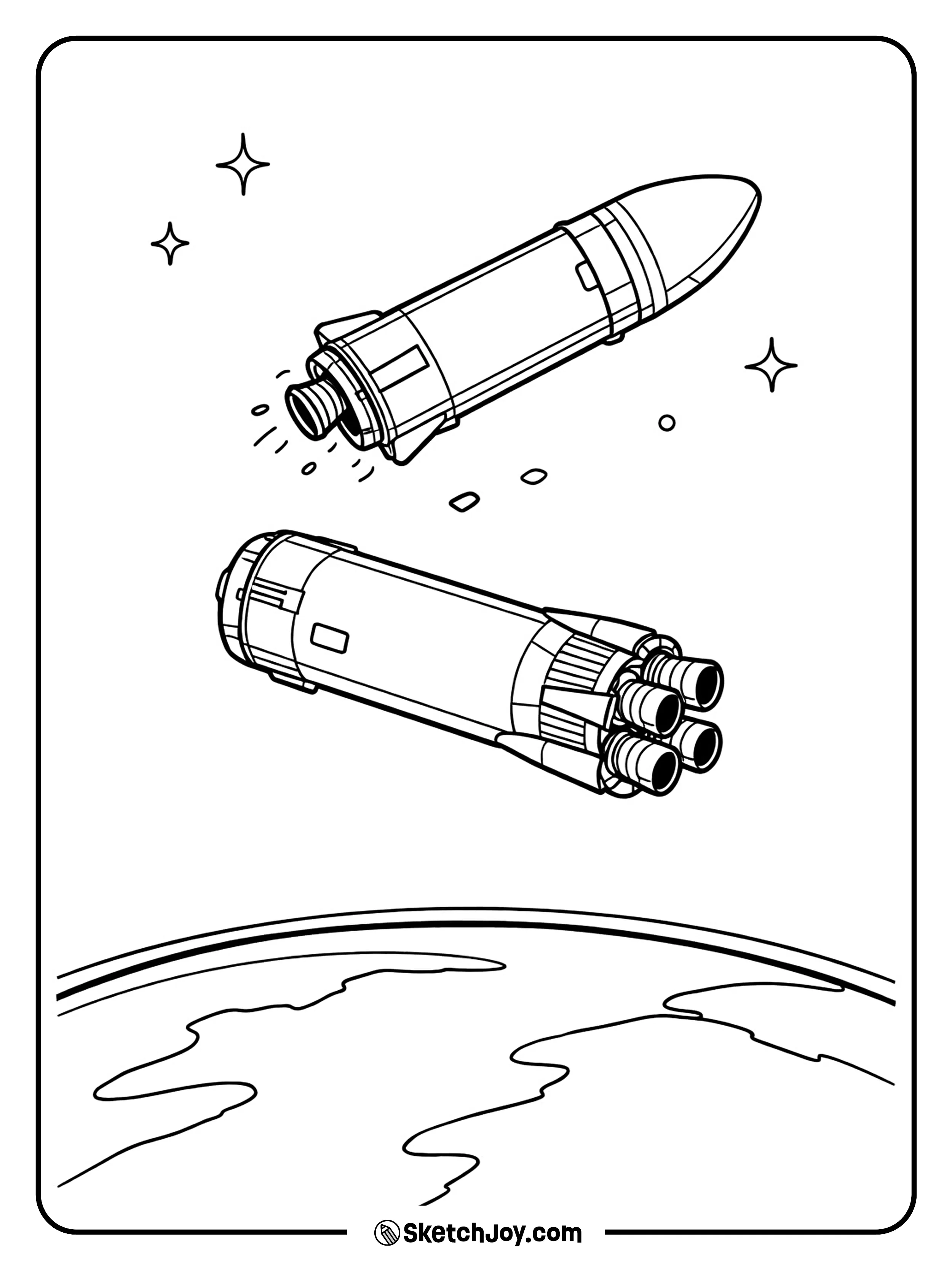 A launch vehicle splits into two stages high above Earth.