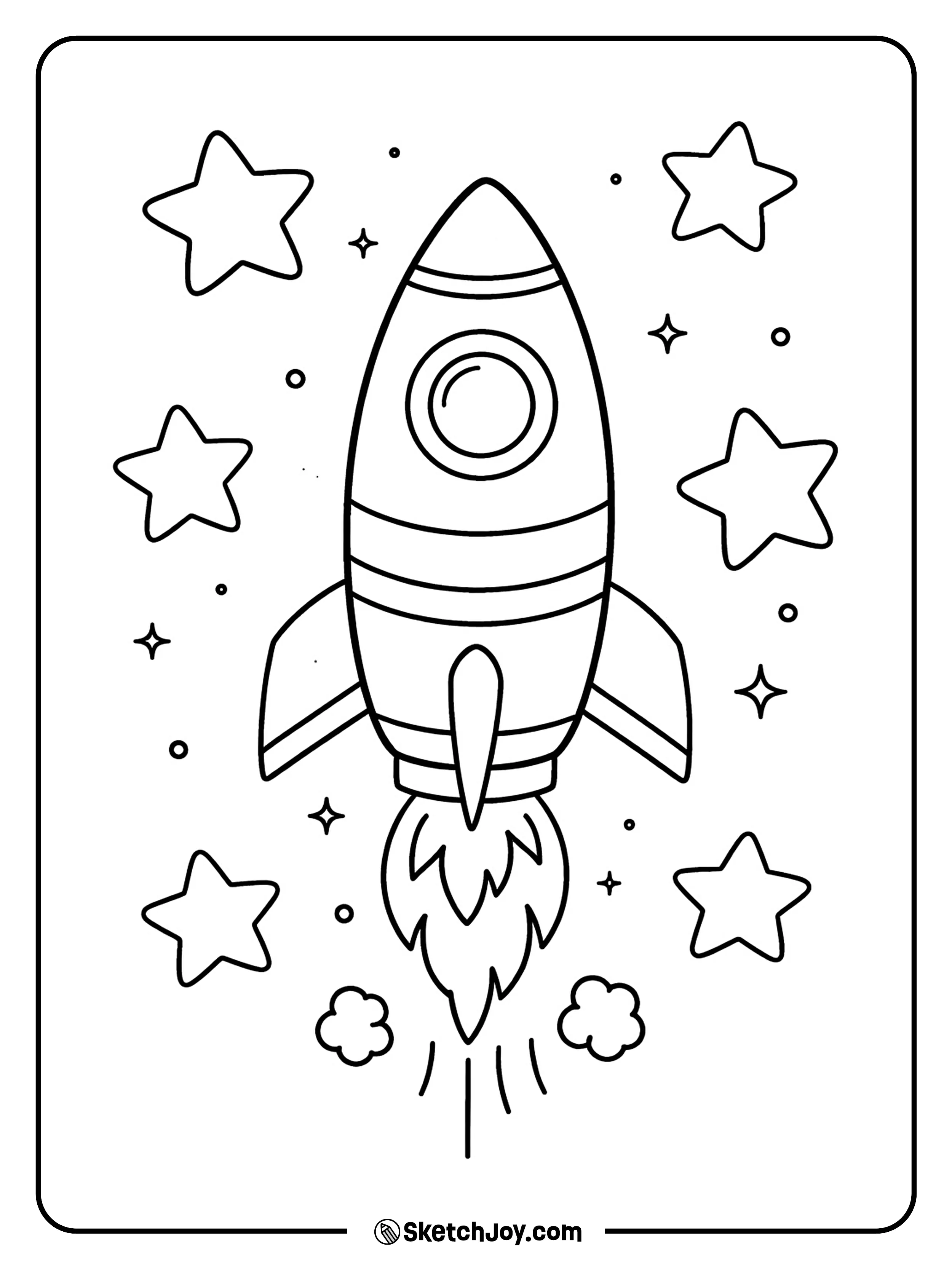 A simple space ship is centered with a few big star shapes around it.