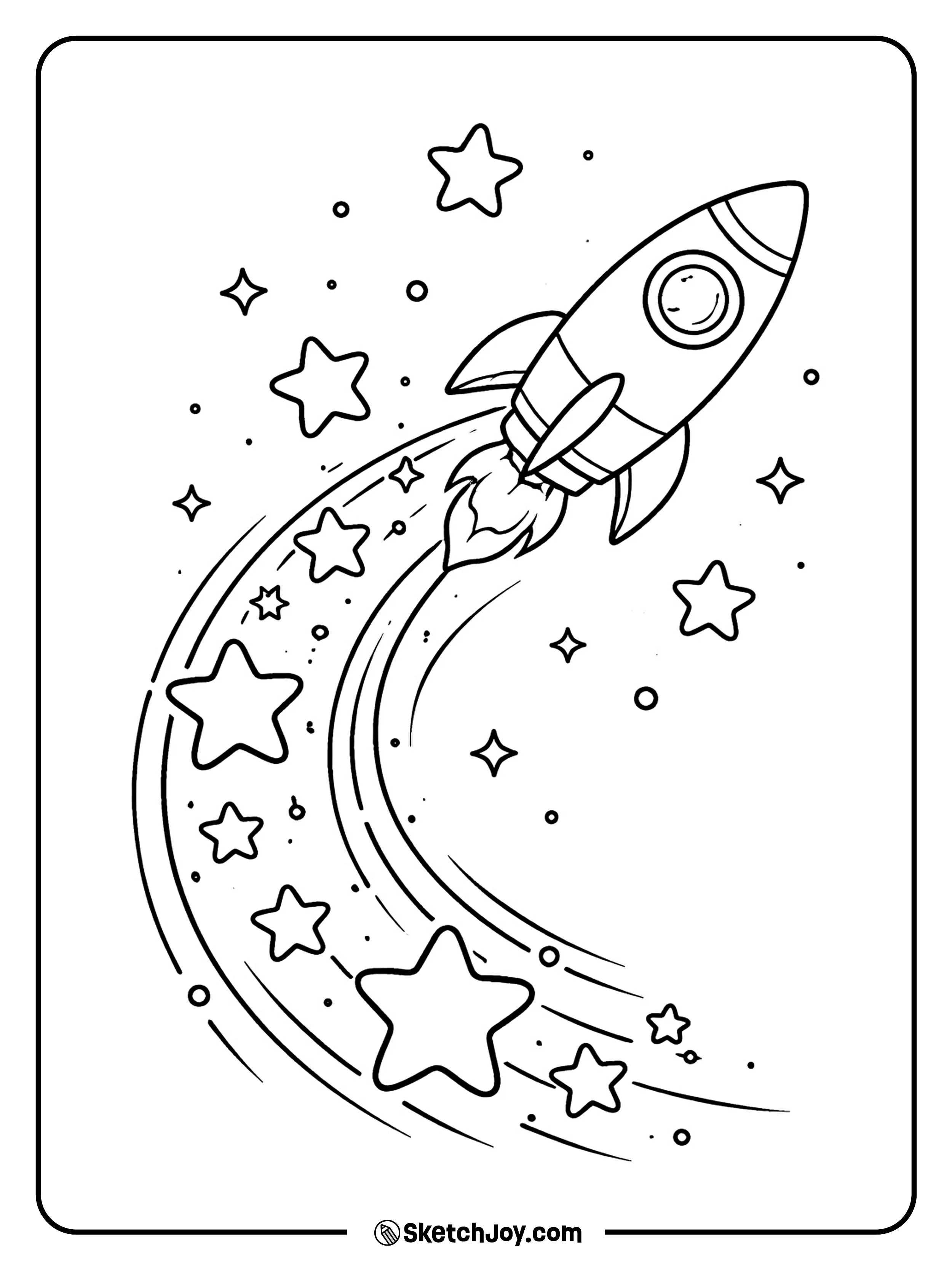 A space ship speeds by with a curving trail of stars.