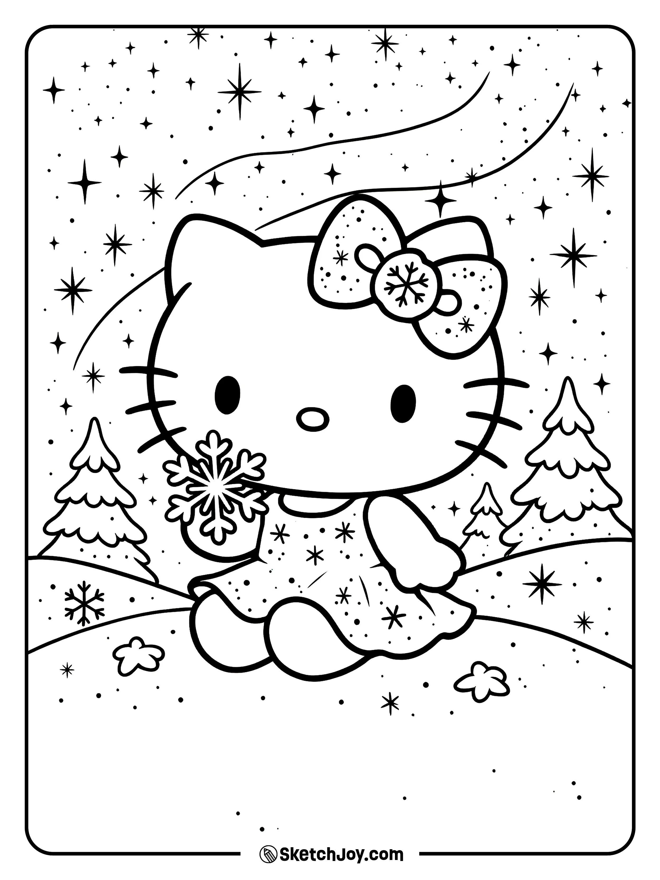 Hello Kitty sits under a starry sky and holds a big snowflake in a calm winter scene.