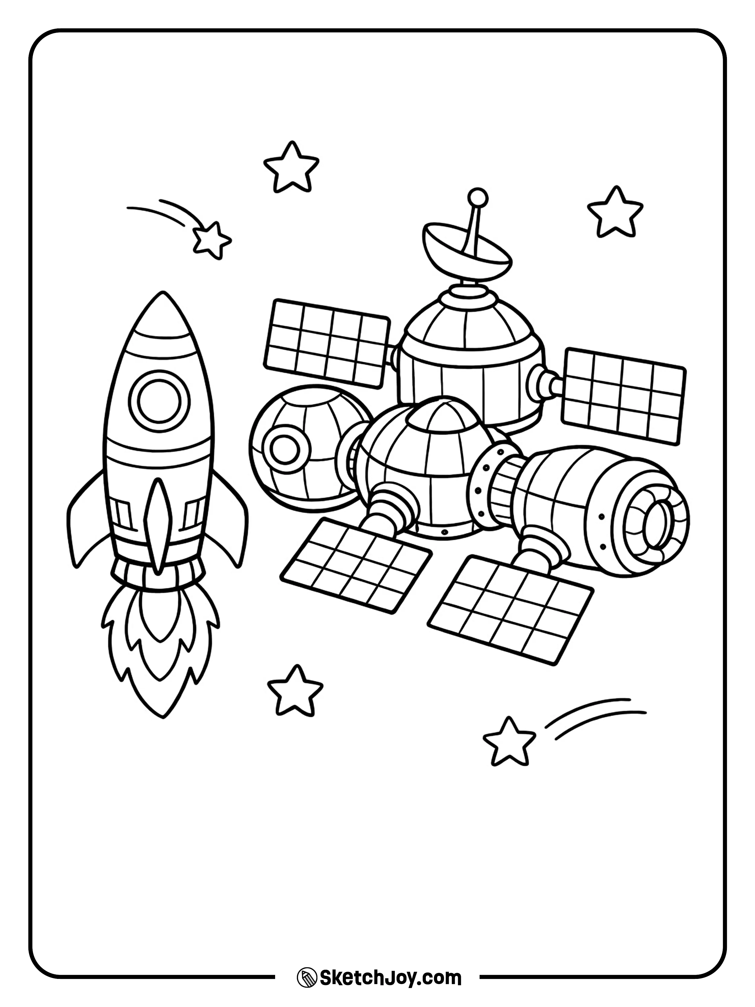 A space ship floats near a small space station.