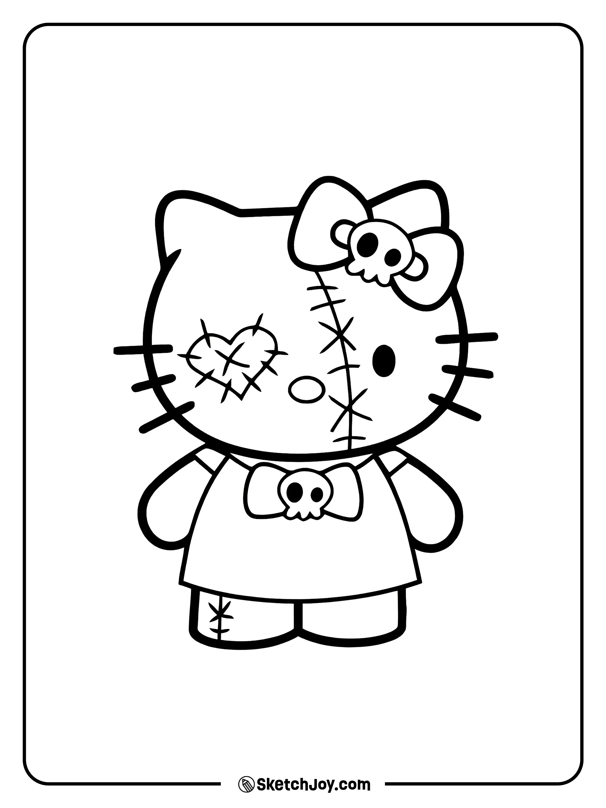 Hello Kitty wears a stitched costume with cute skull details.