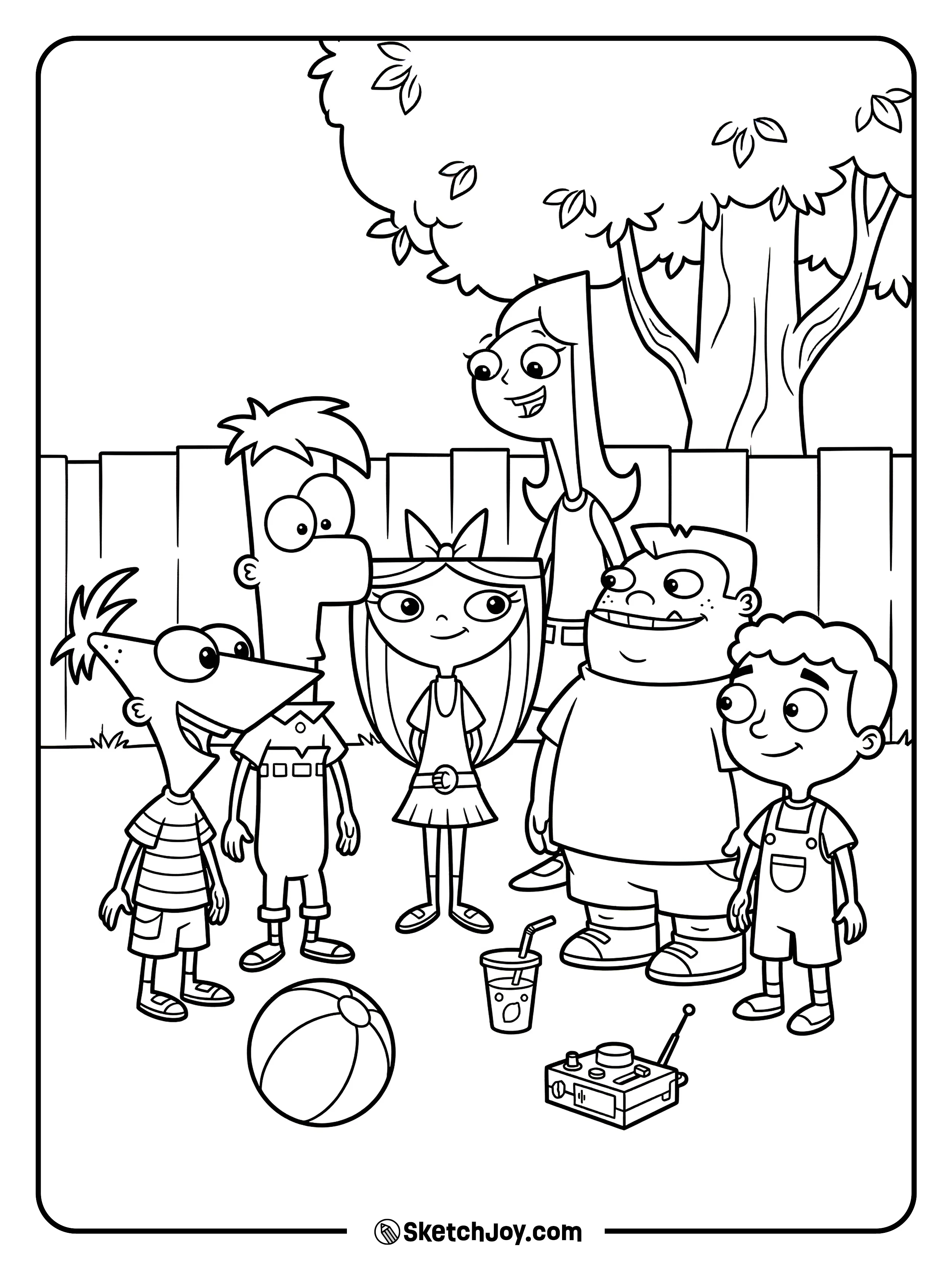 The friends stand together in the yard with a few simple summer props.