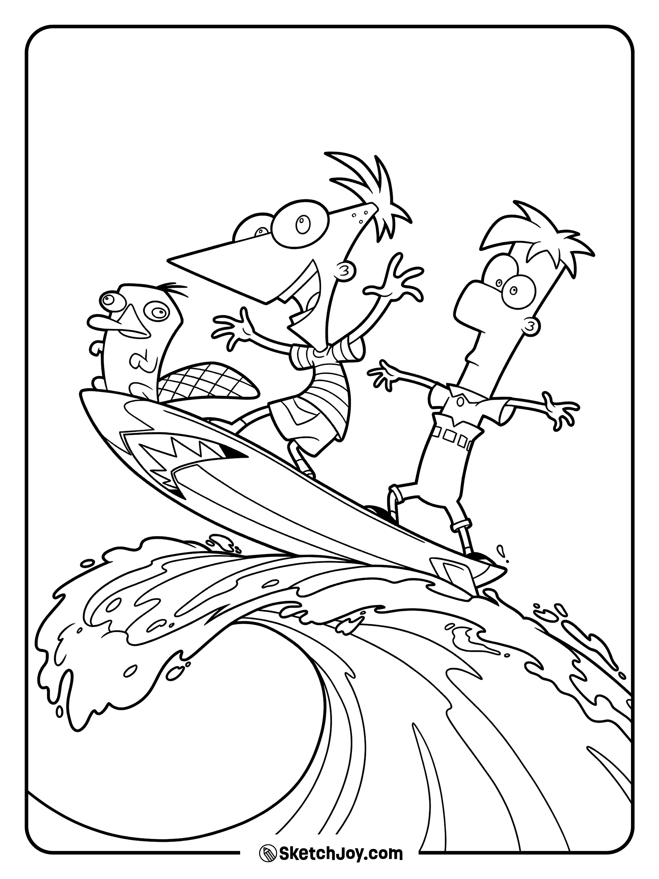Phineas and Ferb ride a surfboard while Perry joins them on the wave.