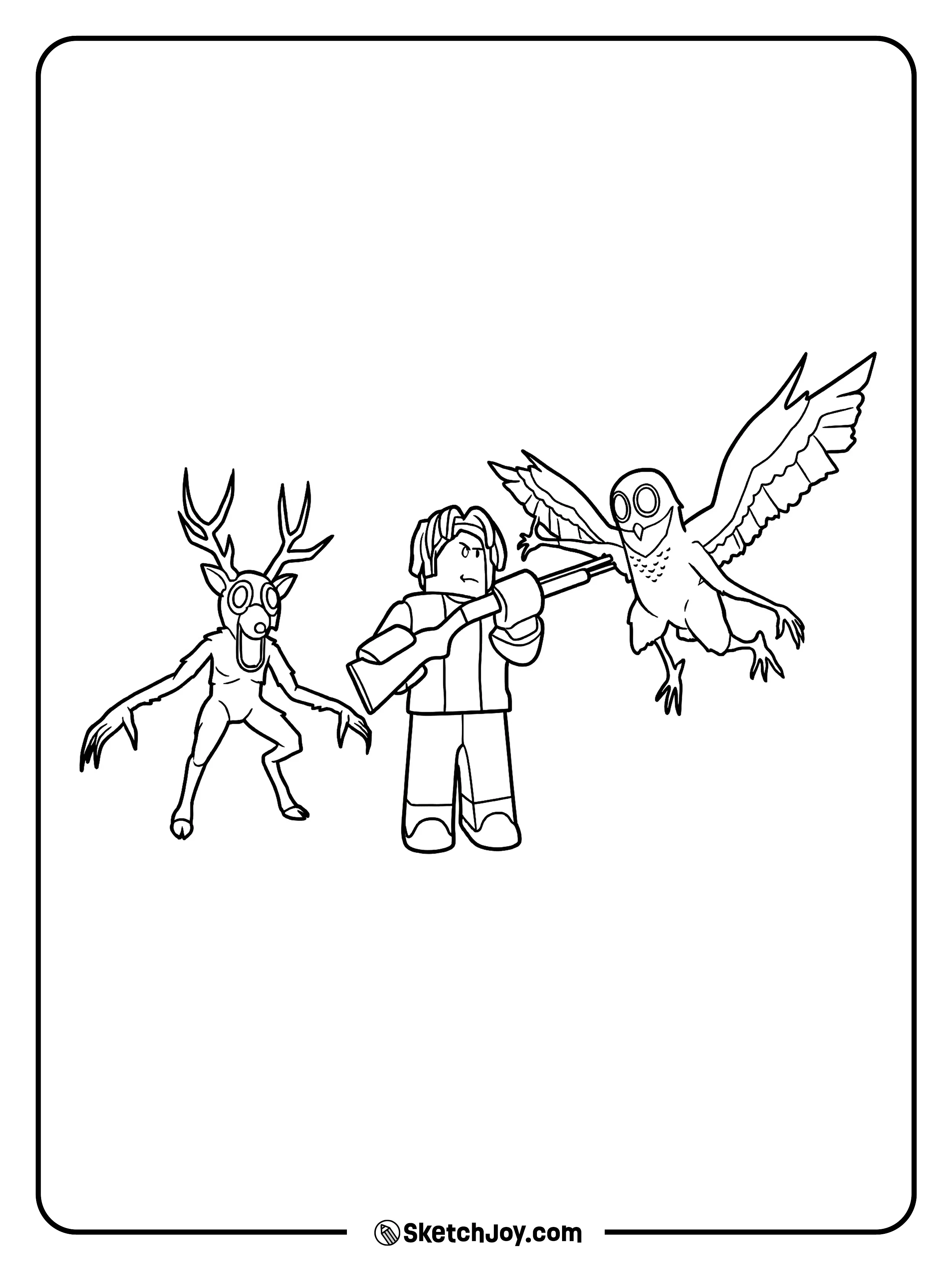 A survivor points a gun at The Owl while The Deer creeps nearby.