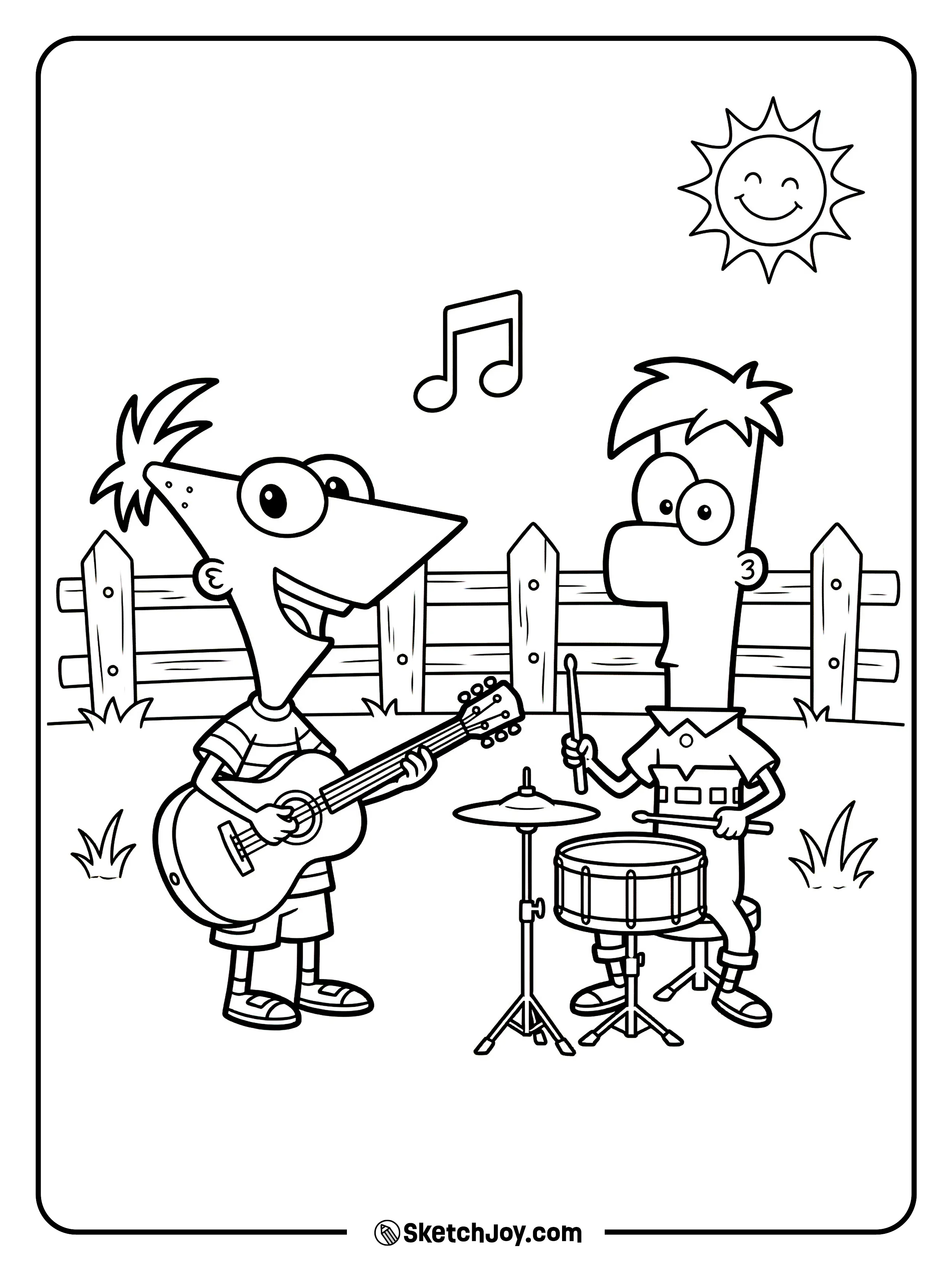 Phineas plays a guitar while Ferb taps a drum.