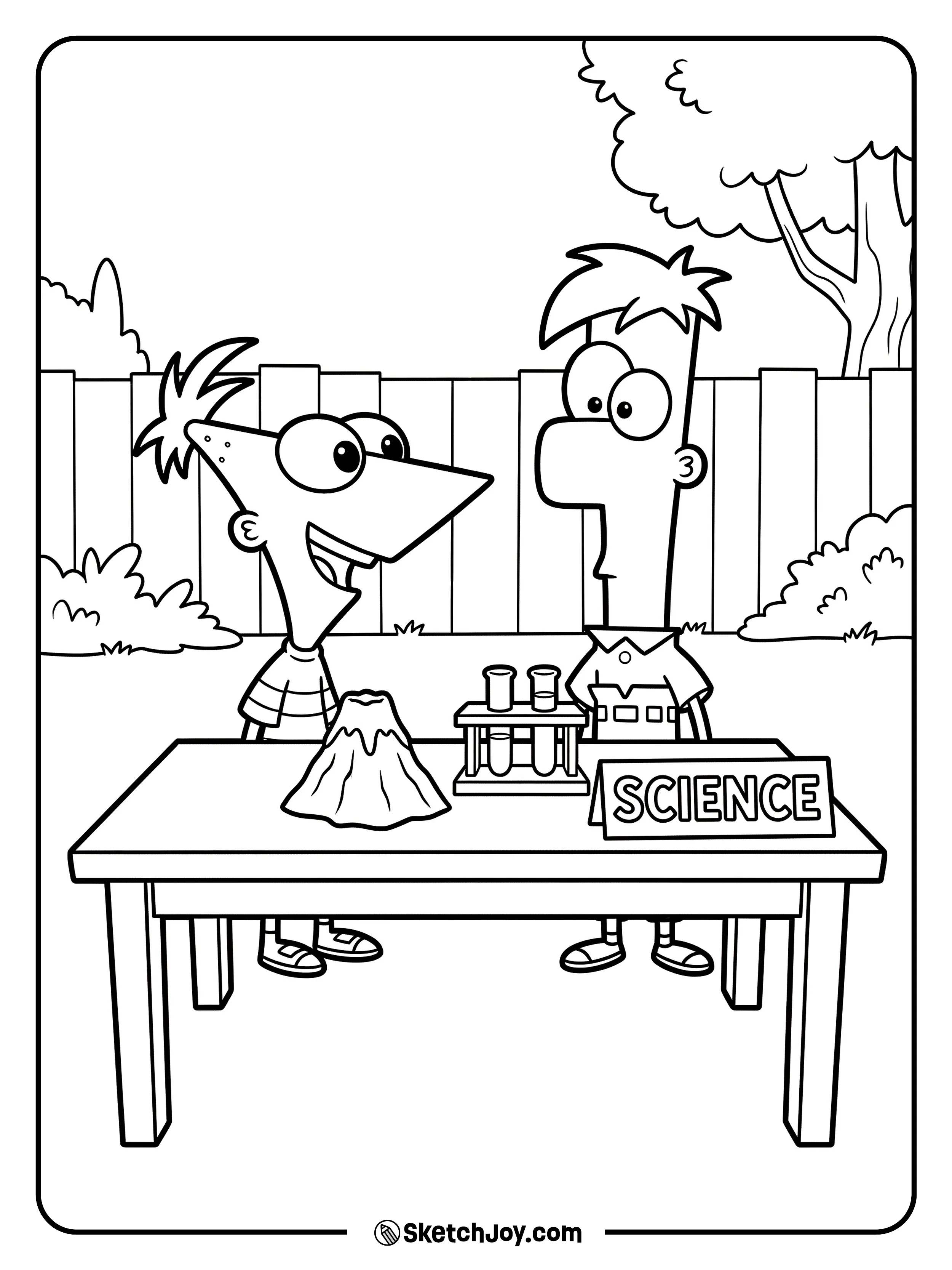 Phineas and Ferb show a small volcano model on a table.