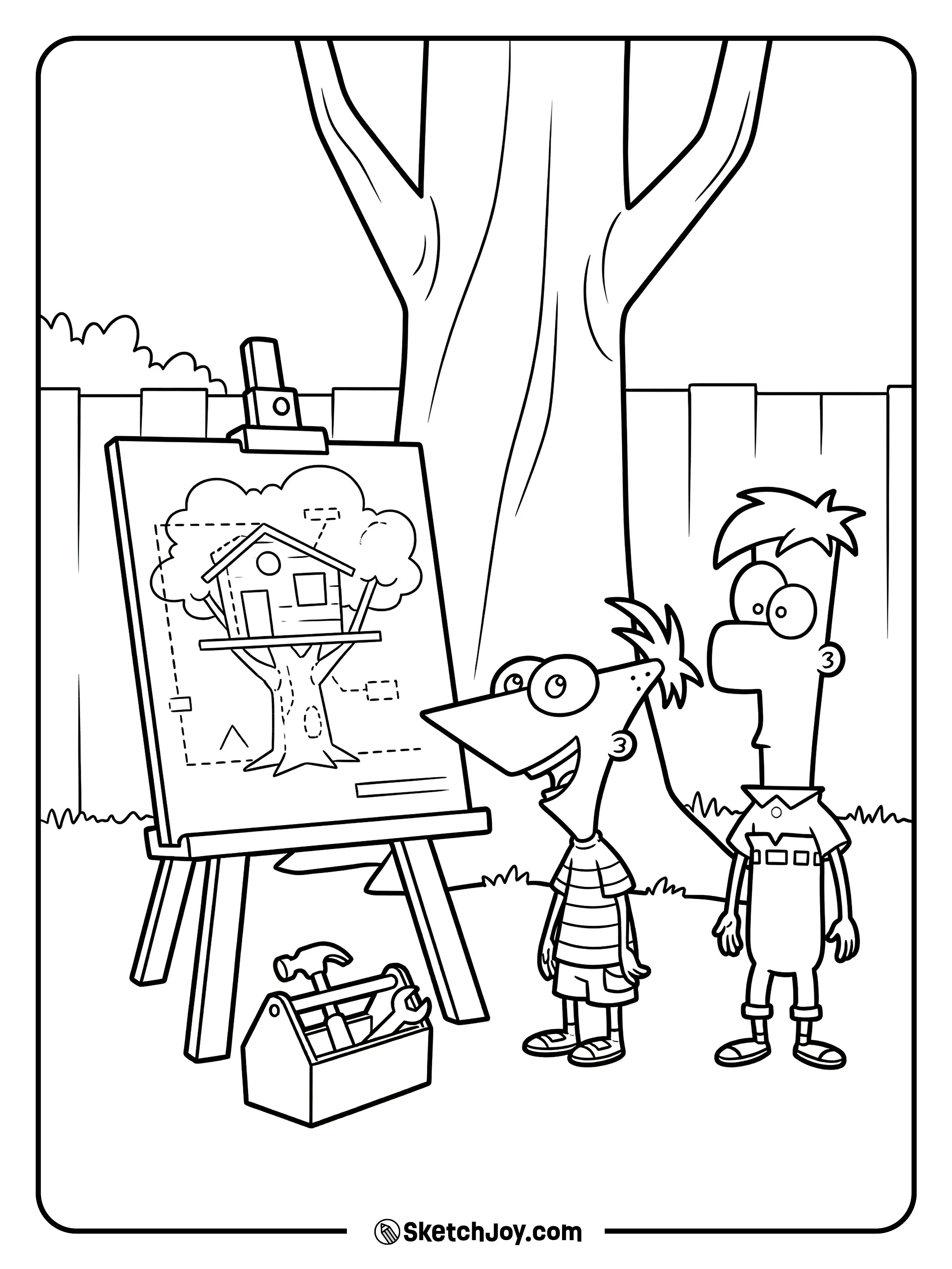 Phineas and Ferb point at a blueprint on an easel.
