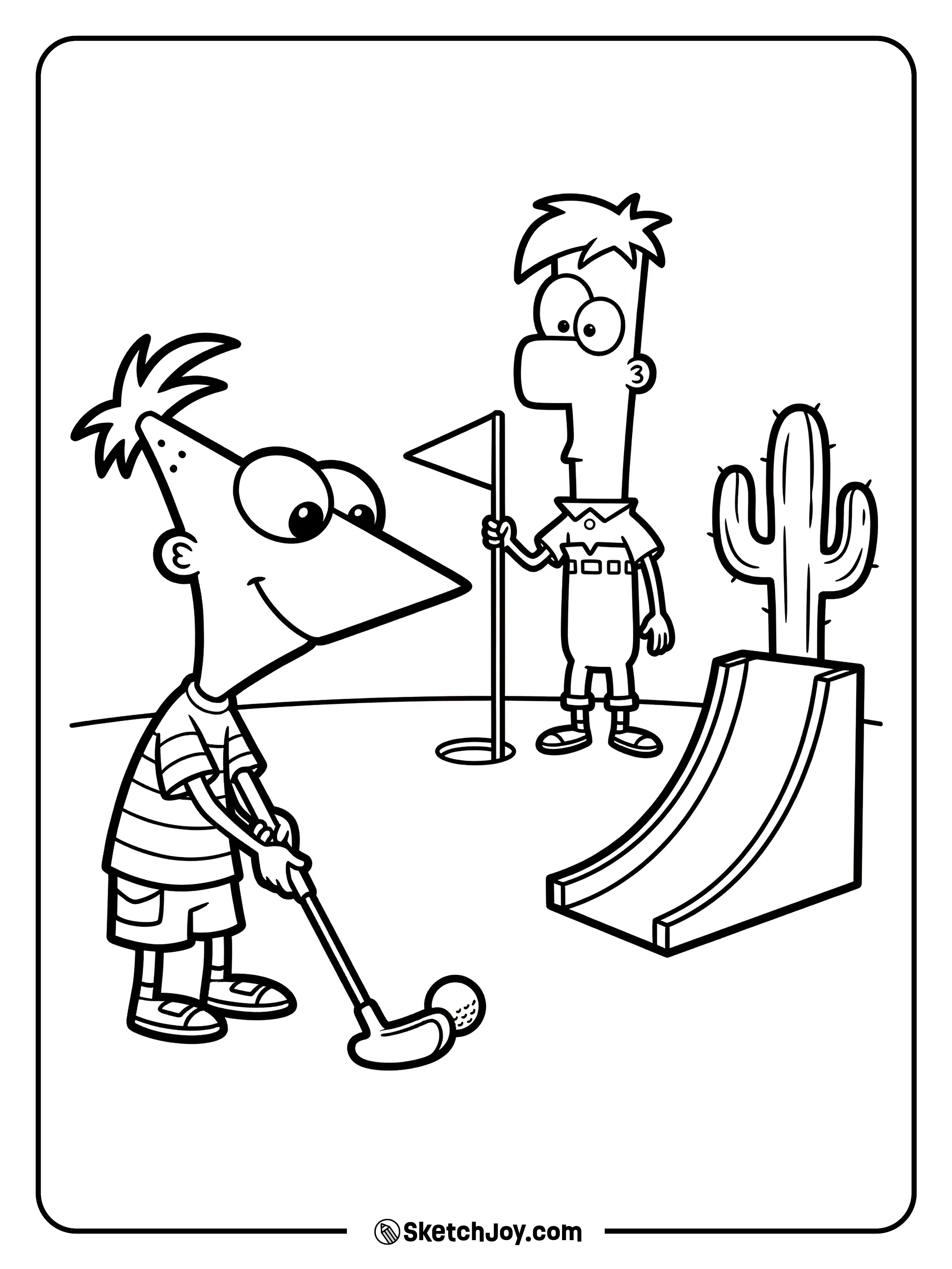 Phineas tees up while Ferb holds a flag on a tiny hole.