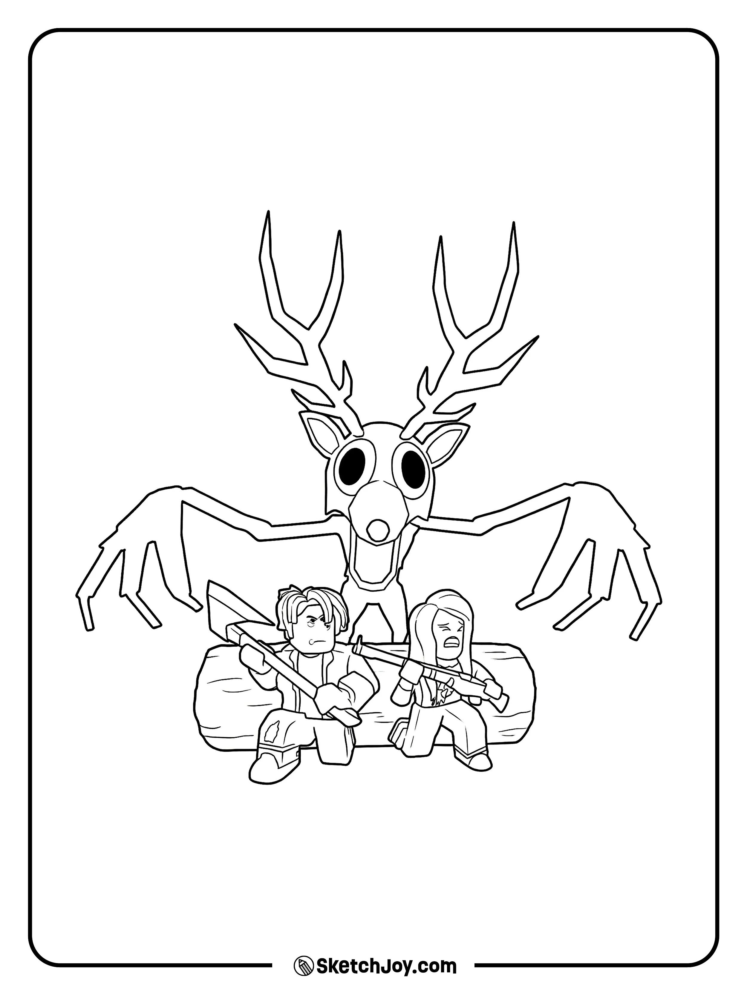 Two survivors sit with weapons while The Deer looms behind them.