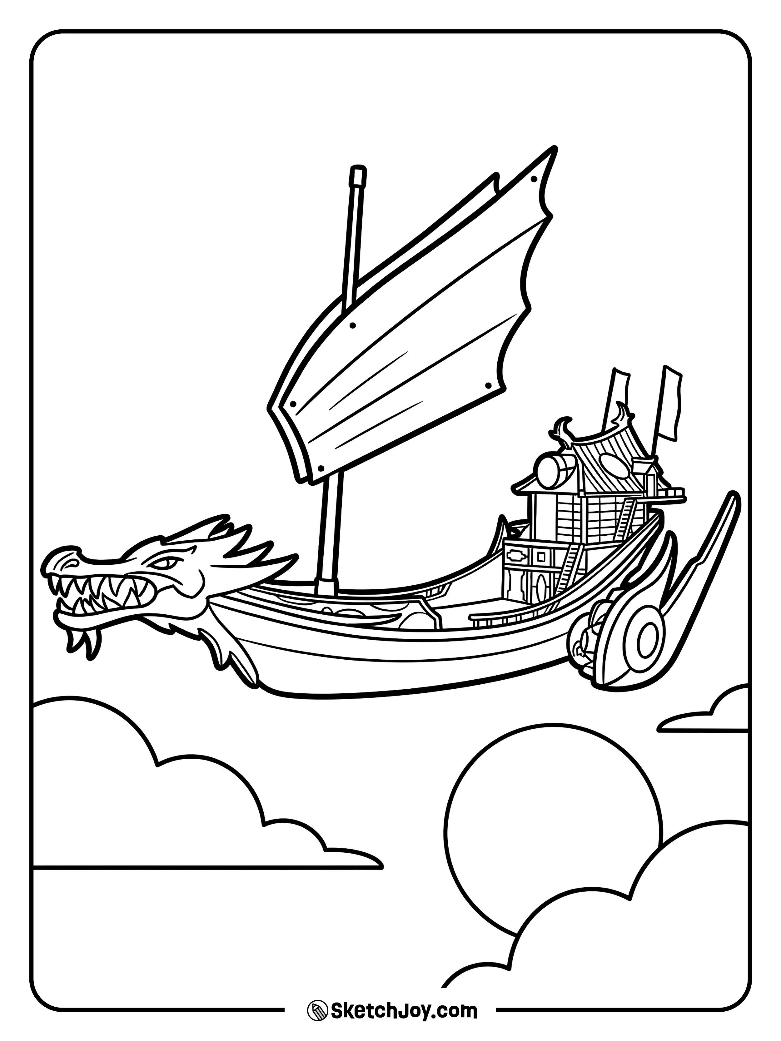 The Destiny’s Bounty flies with clouds and a simple sun behind it.