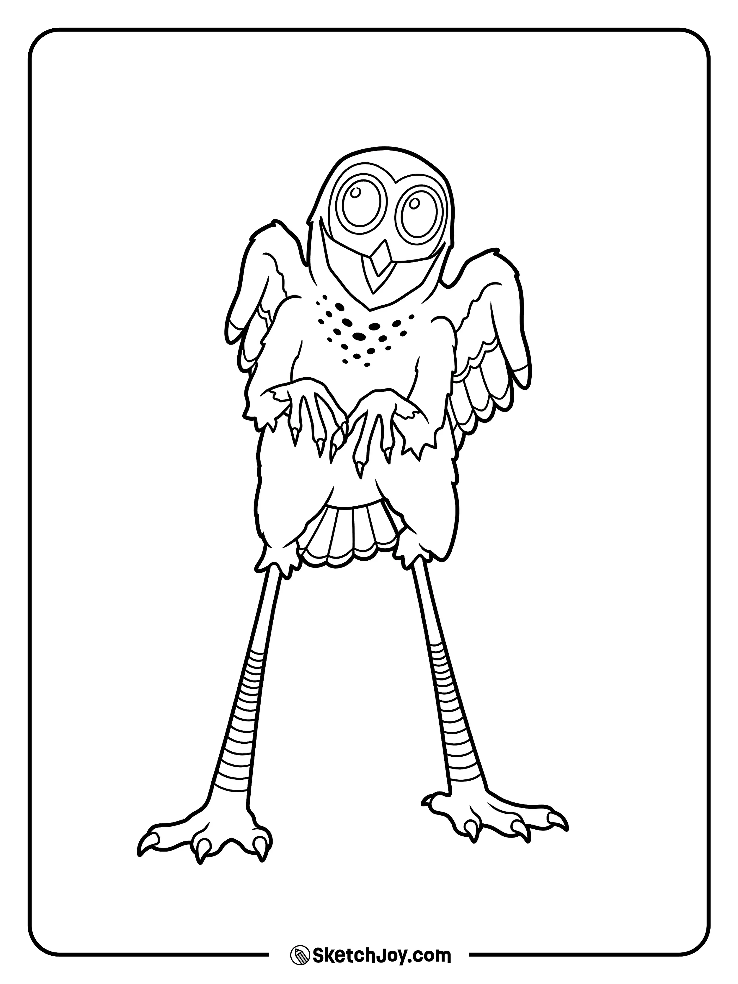 The Owl stands on long legs with wings lifted and claws ready.