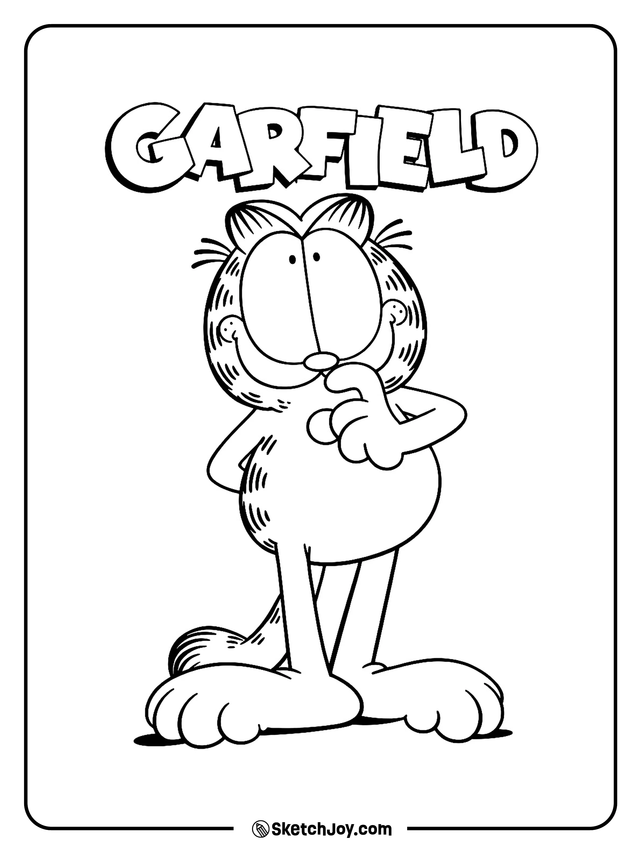 Garfield stands under his name with a finger on his chin.