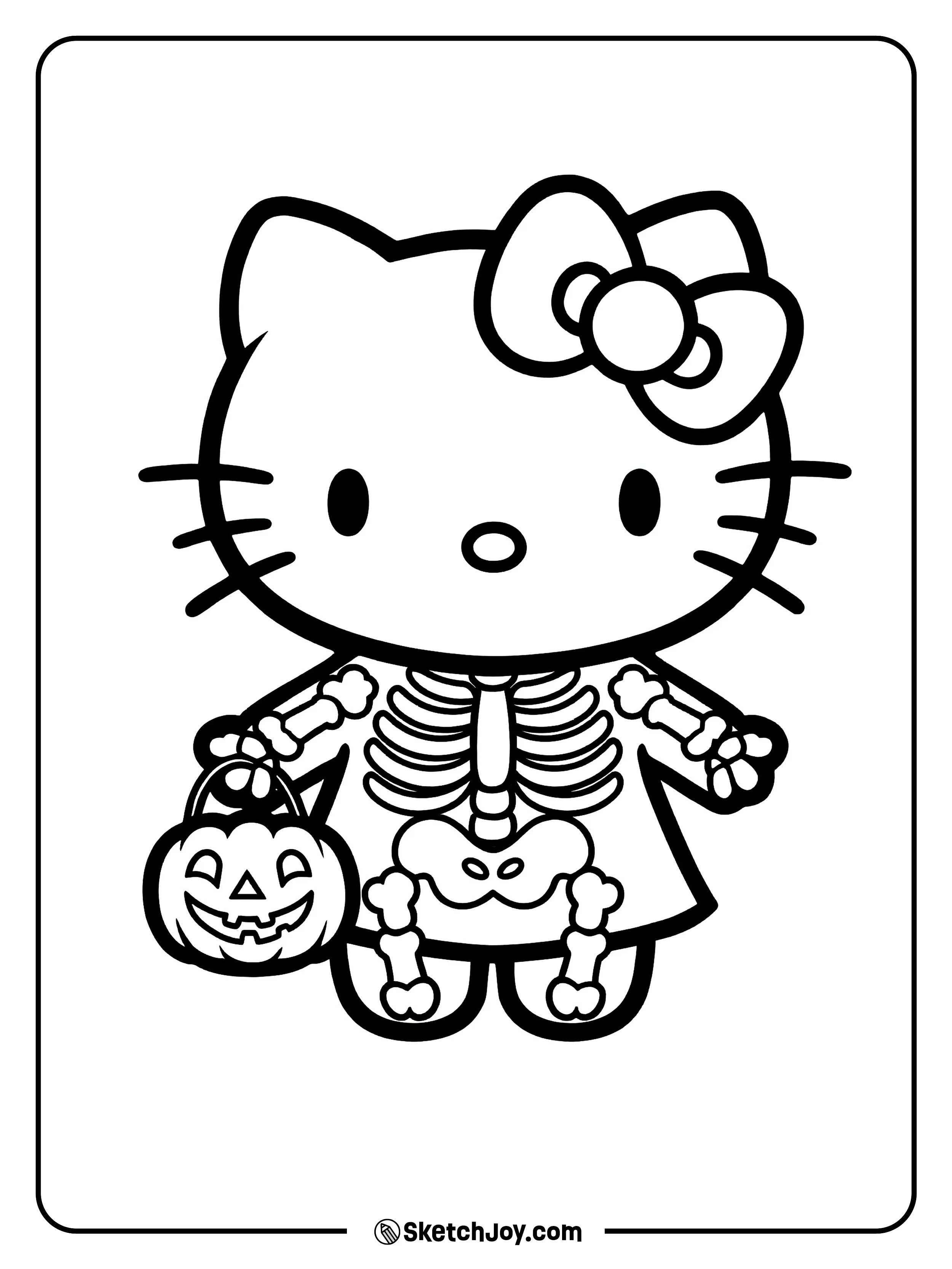 Hello Kitty wears a skeleton outfit and carries a pumpkin treat bucket.